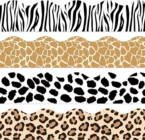 AnyDesign Tablero de anuncios de 69 pies con estampado de animales, selva, leopardo, cebra, vaca, jirafa, colorido, troquelado, borde festoneado