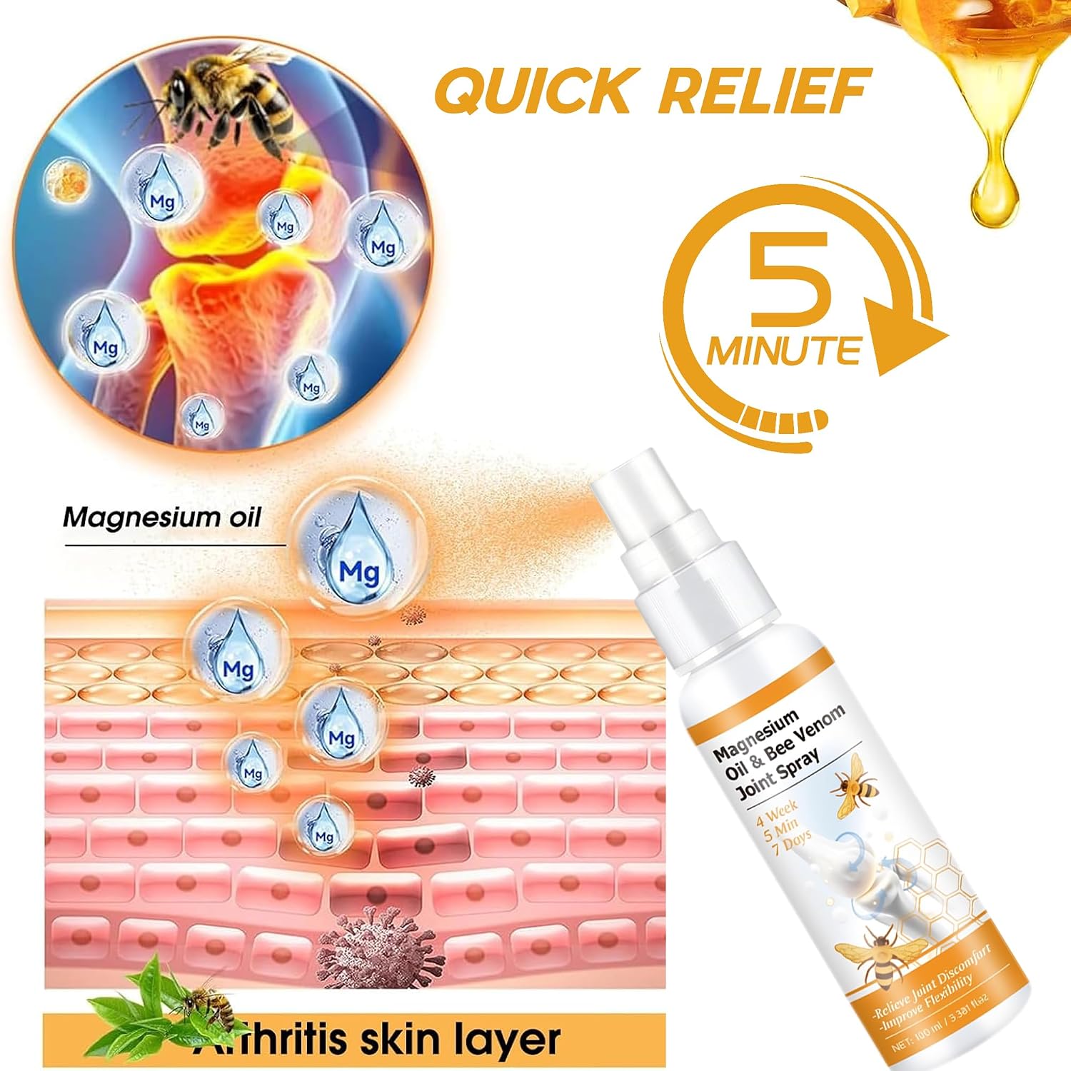 Magnesium Oil & Bee Venom Joint Spray, Magnesium Spray, Magnesium Joint Sprays for Relax Muscle Joints, Bee Venom Sprays for Back, Knee, Hands, Neck (1 PCS,100ML)