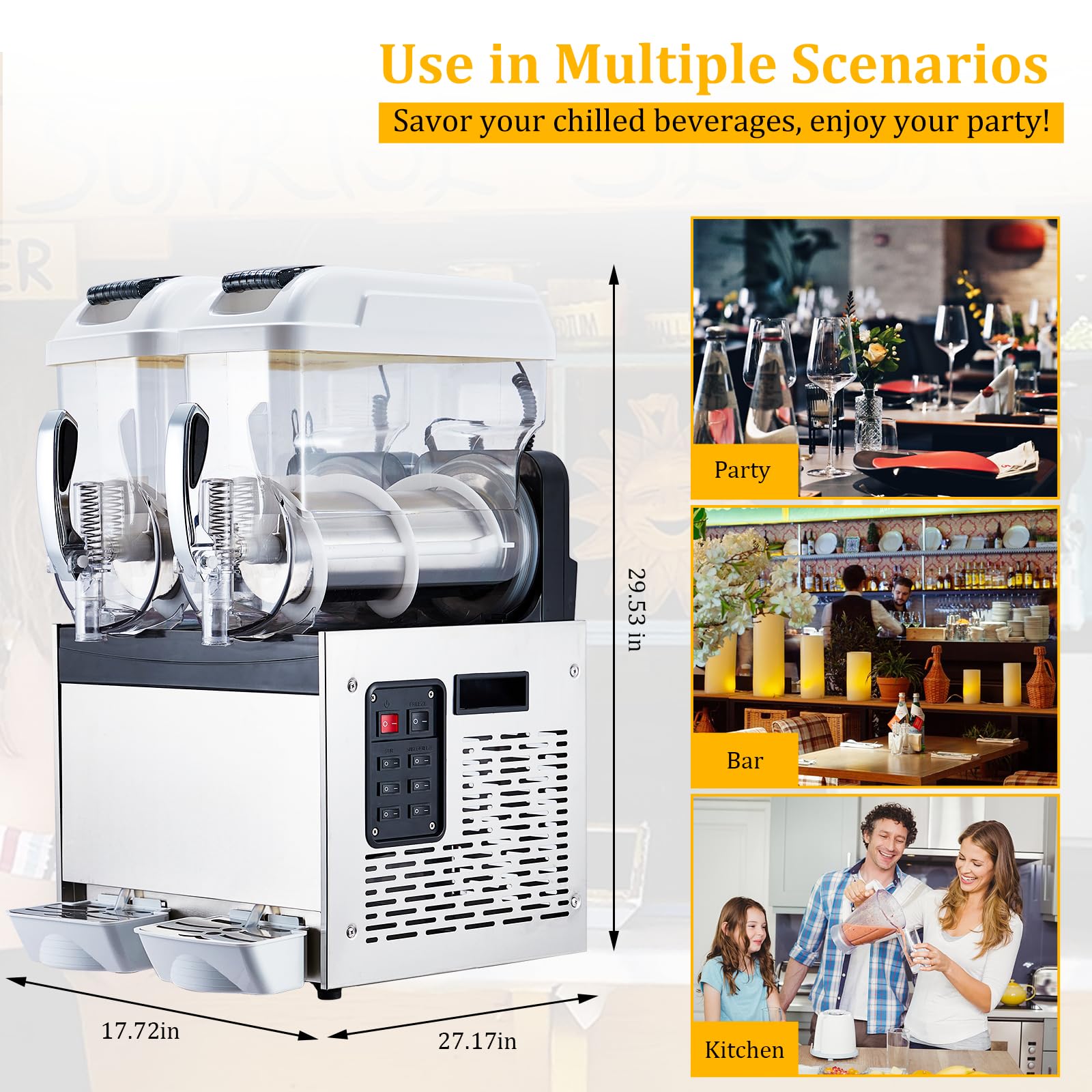 Máquina de granizado comercial blanca – Tanque de 15 Lx3, 860 W de potencia, conservación de temperatura, ideal para margaritas, batidos y bebidas congeladas, perfecta para restaurantes y 4
