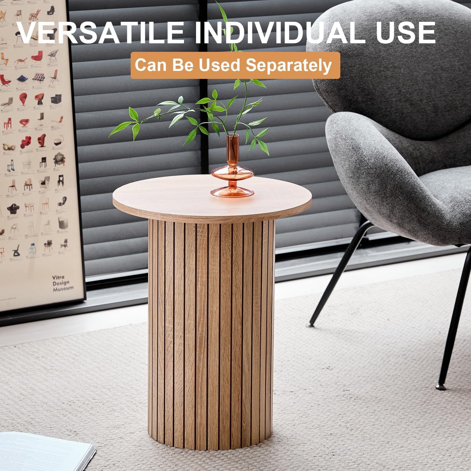 Juego 2 Mesas de Centro Redondas Apilables, Madera Clara | Tablero MDF con Textura de Madera Natural, Fácil Limpieza, Base Cilíndrica Estable, Para Salón, Dormitorio y Cafetería