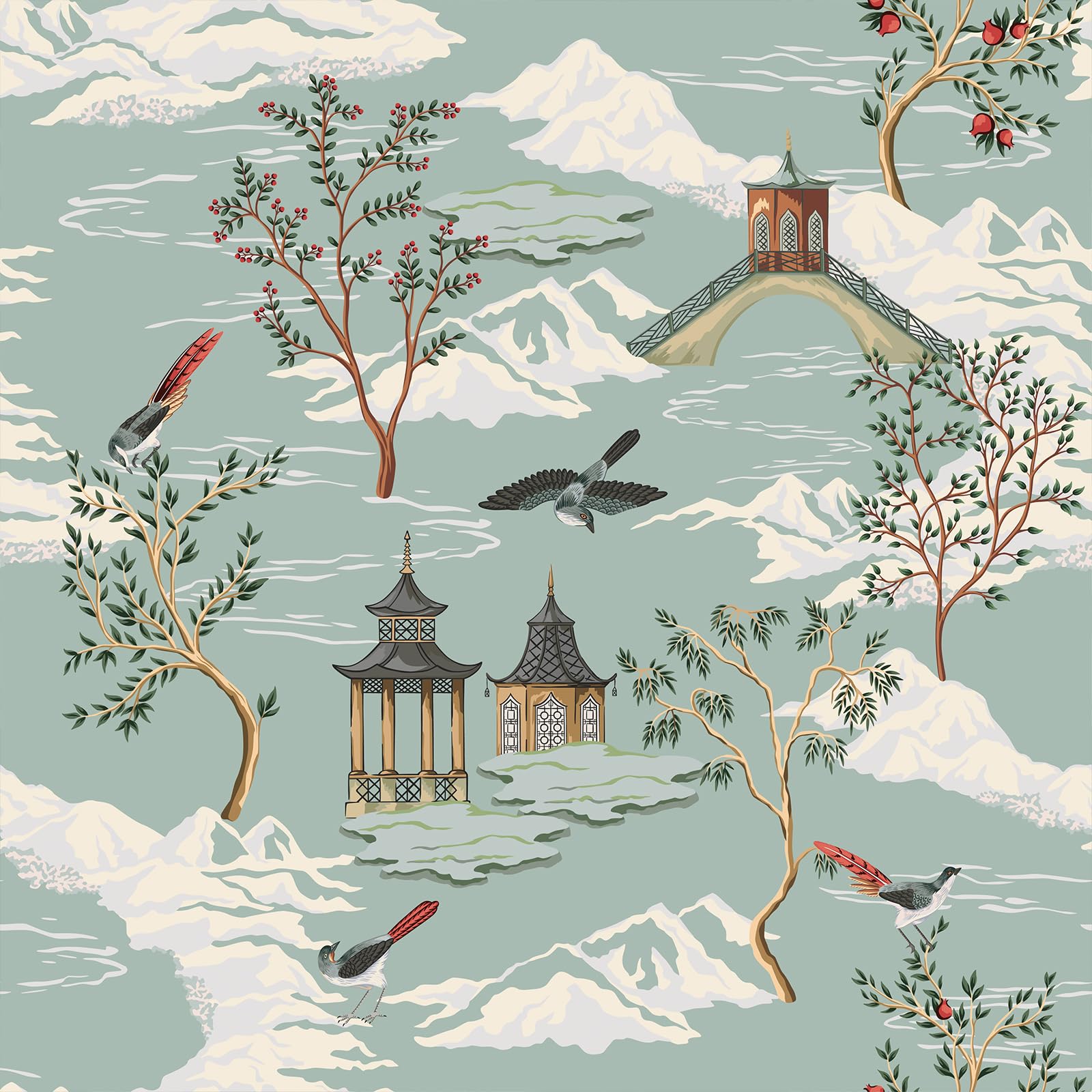 VaryStyle 17.7"x118" Chinoiserie Landscape Wallpaper Sage Green Peel and Stick Wallpaper Vintage Mountain Tree Floral Wall Paper Removable Self