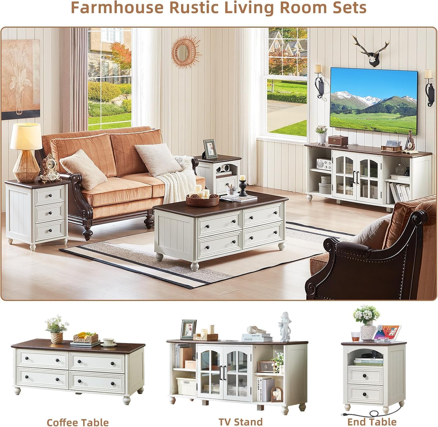Farmhouse Coffee Table & TV Stand Set of 4,Entertainment Center for 60 Inch TV,Wooden Coffee Tables with 4 Drawers, Nightstand with 3 Drawers and Charging Station for Living Room,Bedroom,White