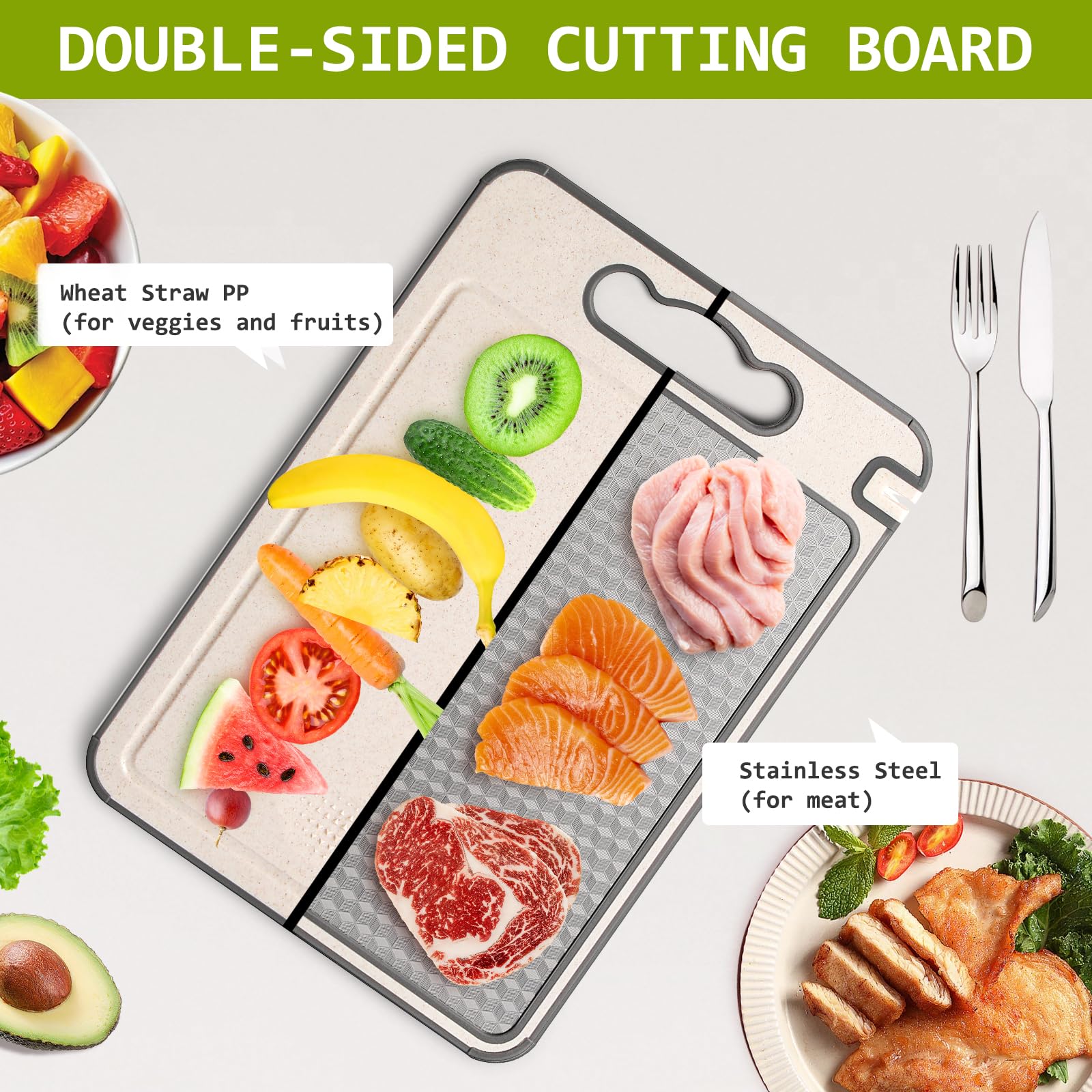 Tabla de cortar de acero inoxidable para cocina, 3 en 1 de doble cara, antideslizante, resistente a los arañazos, diseño de malla con ranura de jugo, apto para lavavajillas, fácil de limpiar, tabla de