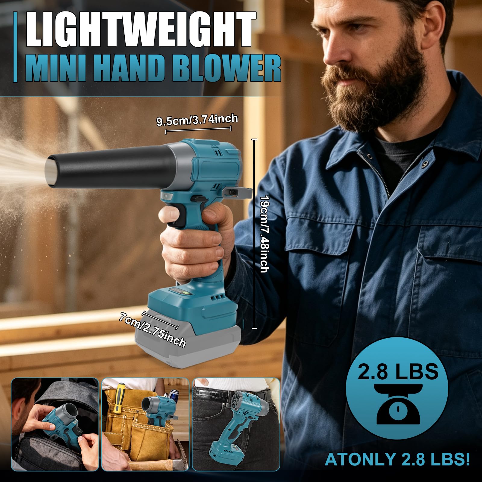 Bezprzewodowa dmuchawa i odkurzacz 2 w 1, kompatybilny z akumulatorem Makita 18 V | 150 W, bezszczotkowy odkurzacz z 3 dyszami do samochodu, na kemping, do warsztatów, klawiatury (bez akumulatora)