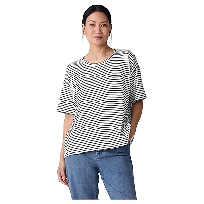 Eileen Fisher Striped Organic Cotton Slub Crew Neck Short Sleeve Box Top Women