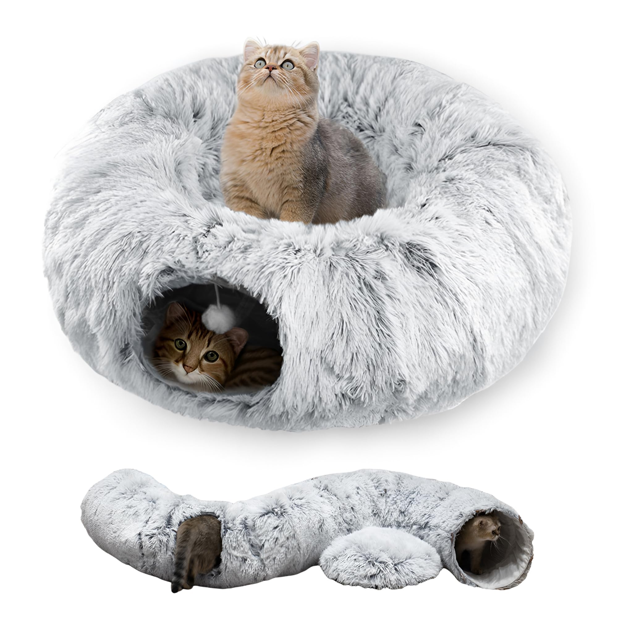 Cat Tunnel Bed for Indoor Cats with Washable Cushion Cat Cave Donut Tunnel with Fluffy Ball Big Round Tube Pet Playground Toys Soft Plush Peekaboo for