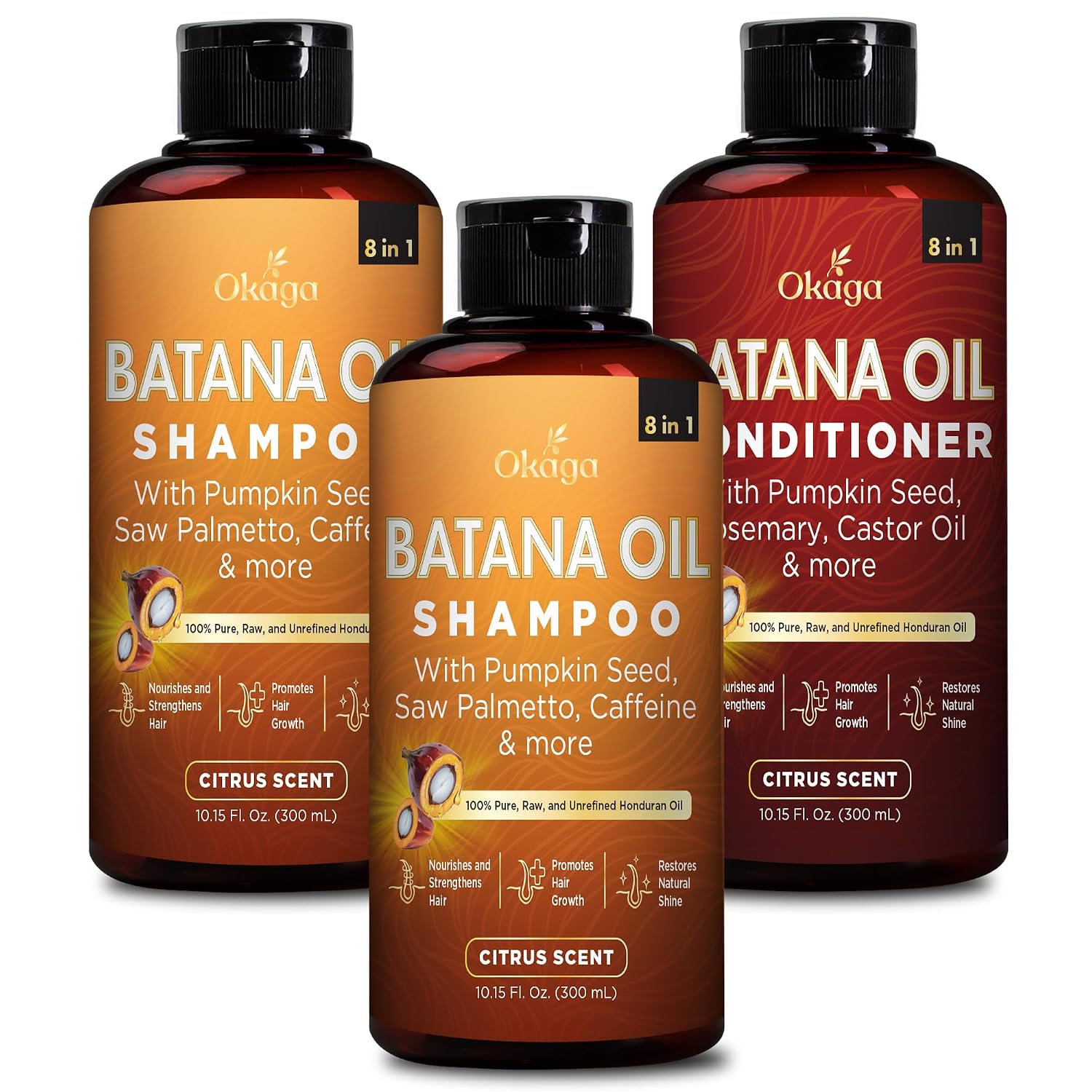 Okaga Batana Oil Shampoo & Conditioner Bundle with Extra Shampoo – Aloe Vera, Biotin, Rosemary, Jojoba, Castor & Pumpkin Seed Oils – Plant-Based Hair Care Set with Citrus Scent