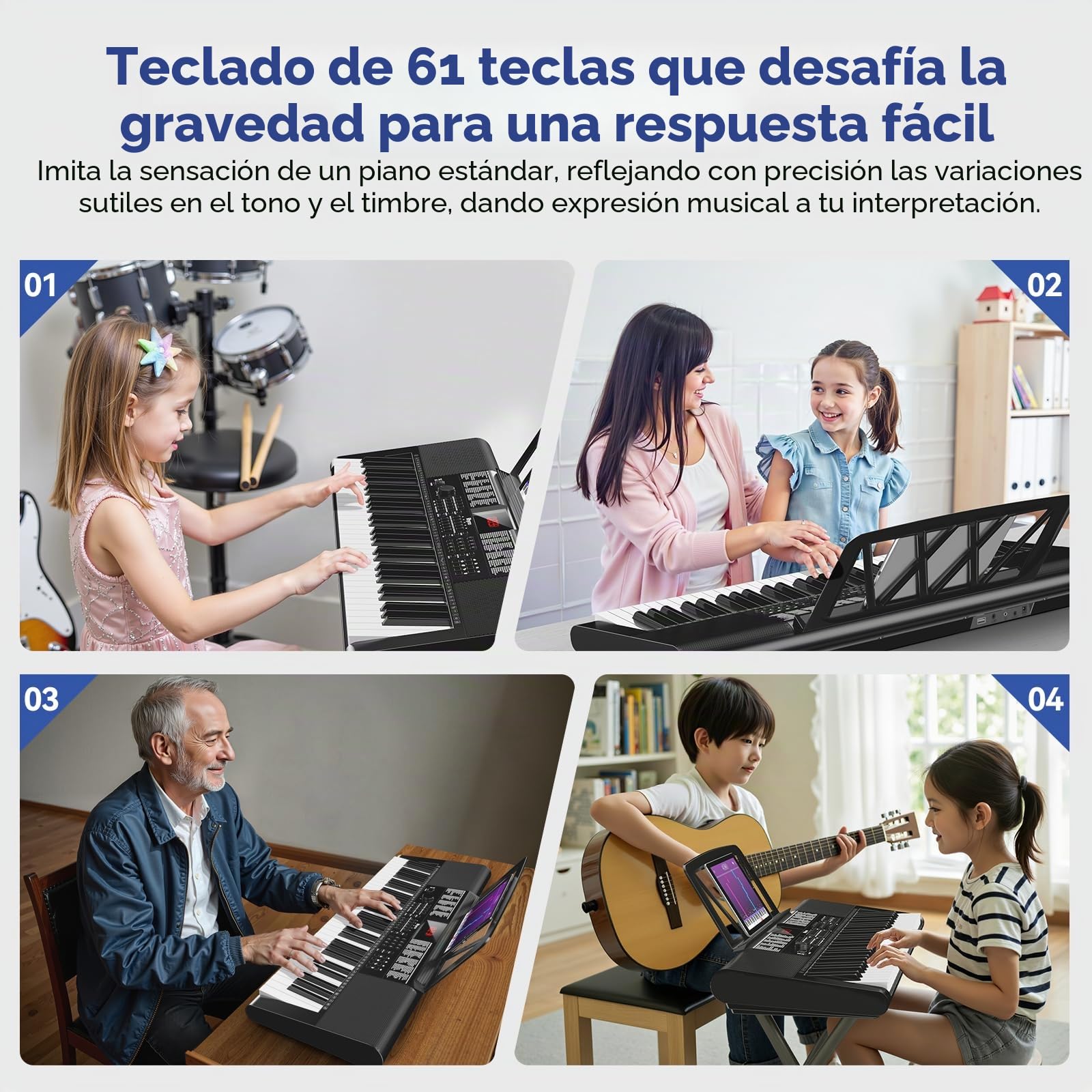 Piano de teclado de 61 teclas para niños, principiantes y adultos con soporte de partituras, calcomanías de notas de piano, micrófono, 255 voces, 255 ritmos, teclado de música electrónica, alimentado