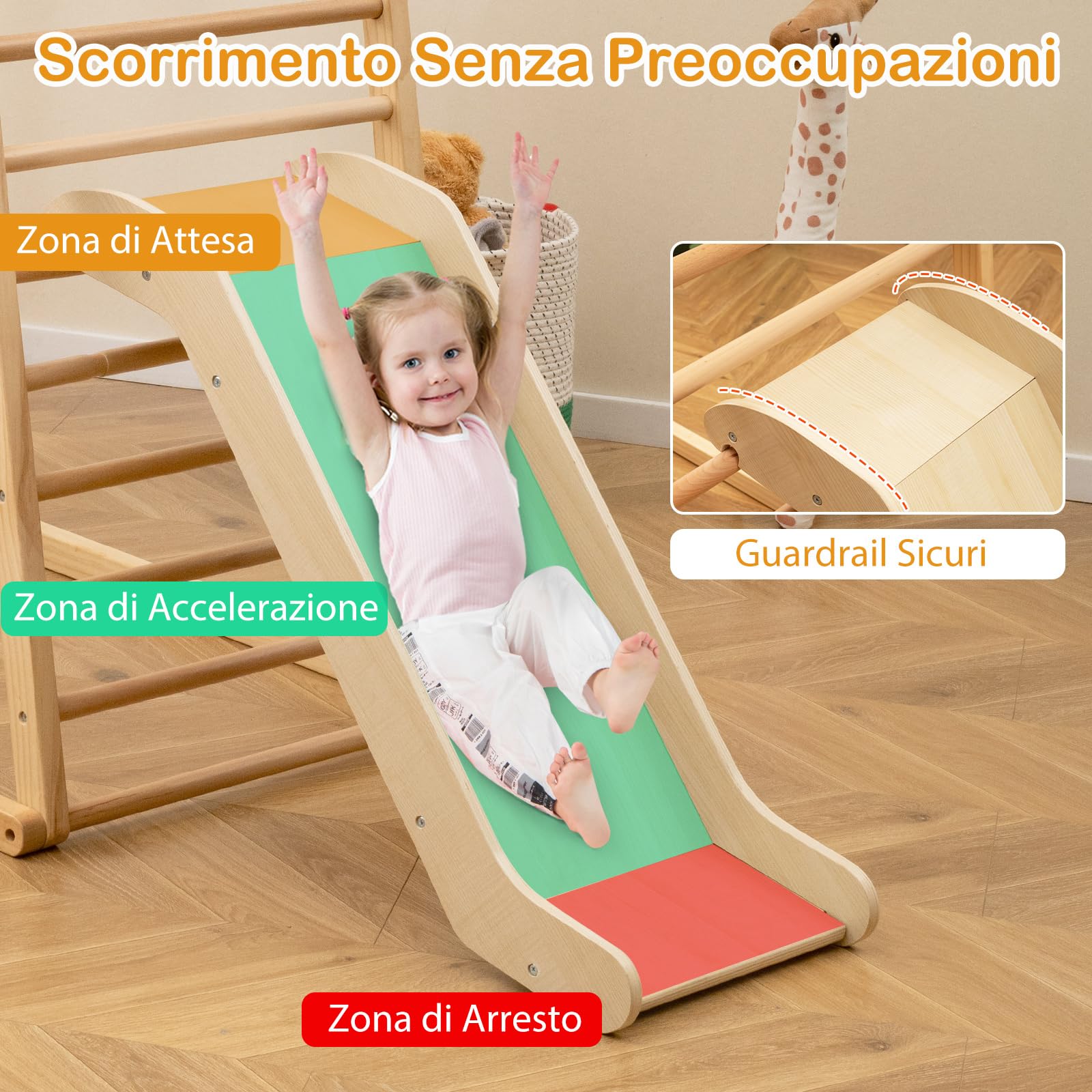 RELAX4LIFE Set di Arrampicata Multifunzione, Parco Giochi in legno Massello con Scivolo, Centro Attività da Interno, per Bambini 1 a 5 Anni (67x105x113 cm, Naturale)
