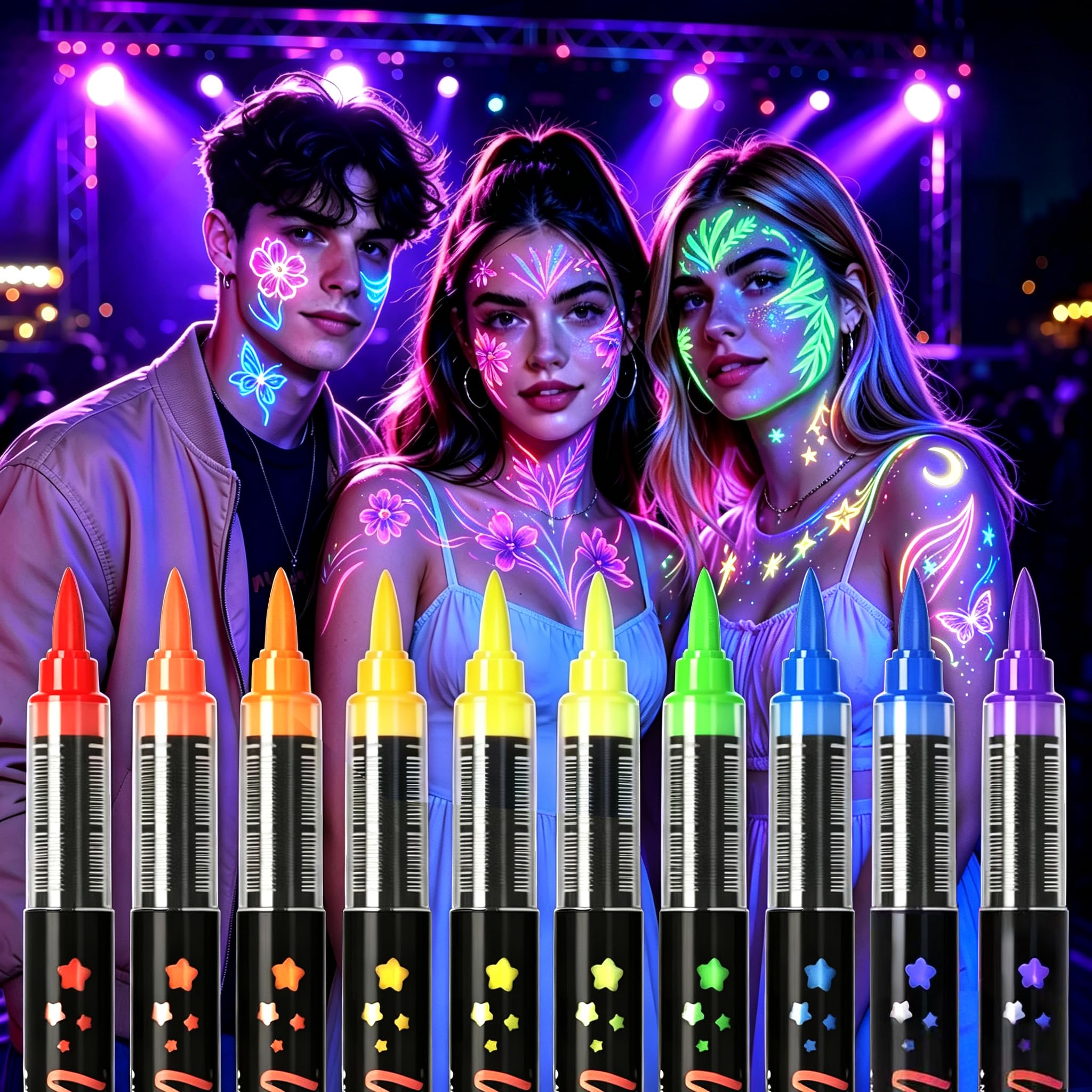 10 different colors of glow-in-the-dark body painting paints, UV neon facial painting brushes, glow-in-the-dark facial painting sets, washable skin tattoo pens, Halloween party makeup (10 colors)