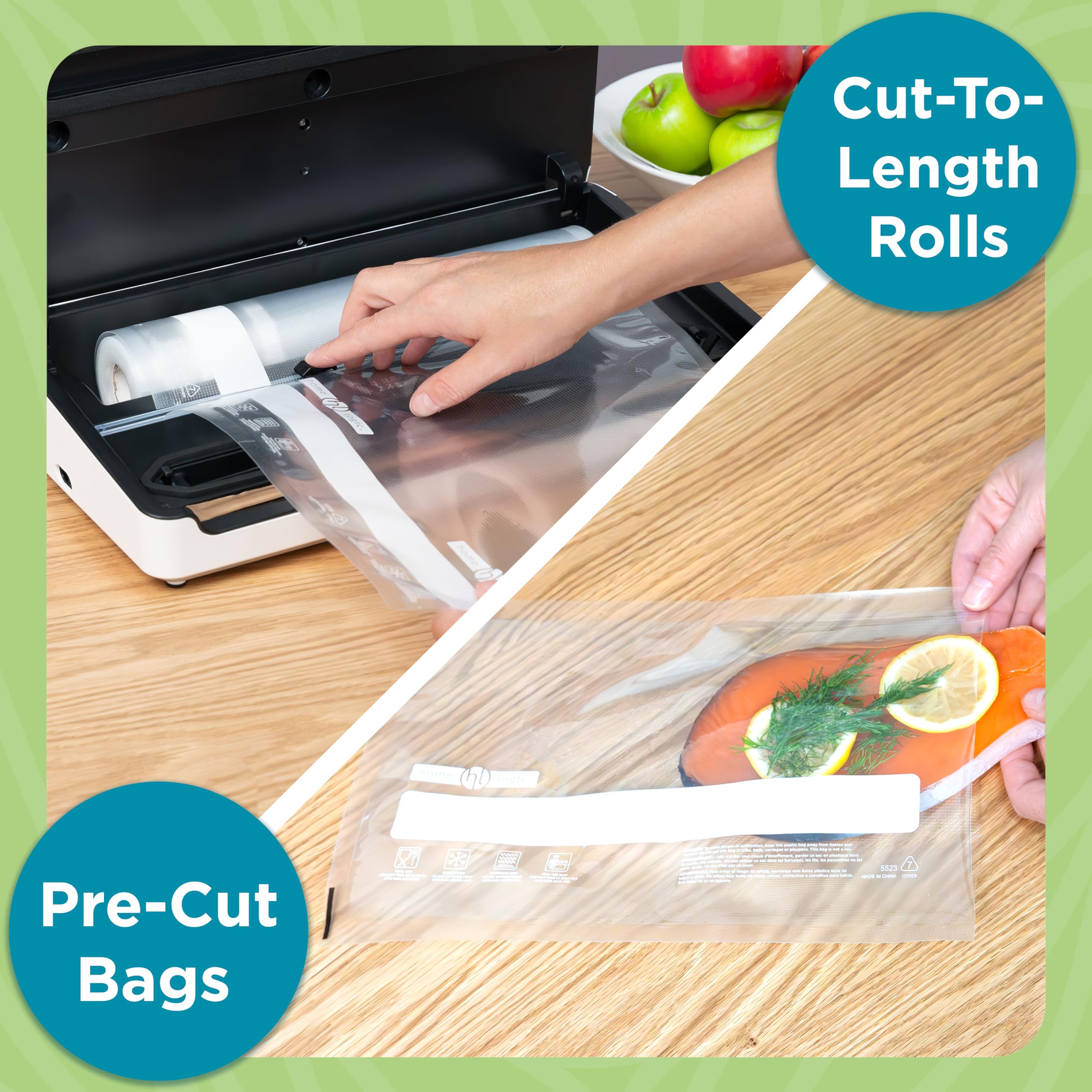 Home Logic Paquete combinado de rollos selladores al vacío, almacenamiento de alimentos seguro para congelador, microondas y Sous Vide, 3 x 11 pulgadas de ancho y 2 rollos de 8 pulgadas de ancho y 20