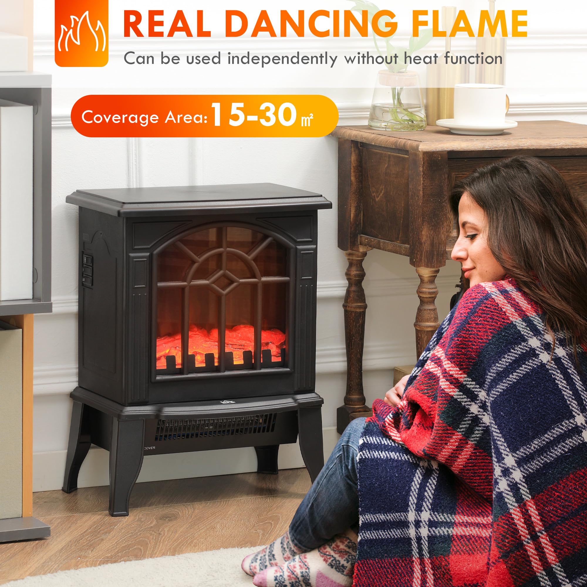 HOMCOM 18" Electric Fireplace Heater,Freestanding Fire Place Stove with Realistic LED Flames and Logs, Overheating Protection, 750W/1500W, Black