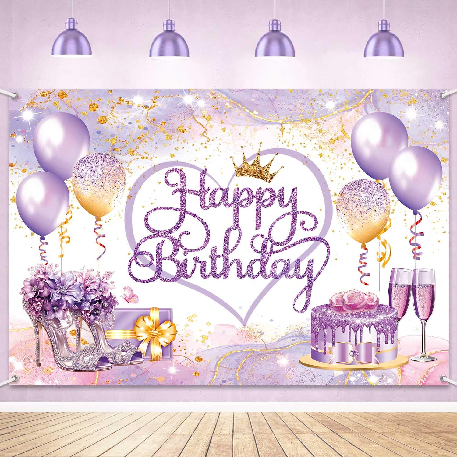 LDWLYW Purple Gold Happy Birthday Banner Backdrop Pink Purple Sign Birthday Decorations for Women Girls Large Balloons High Heels Champagne Theme