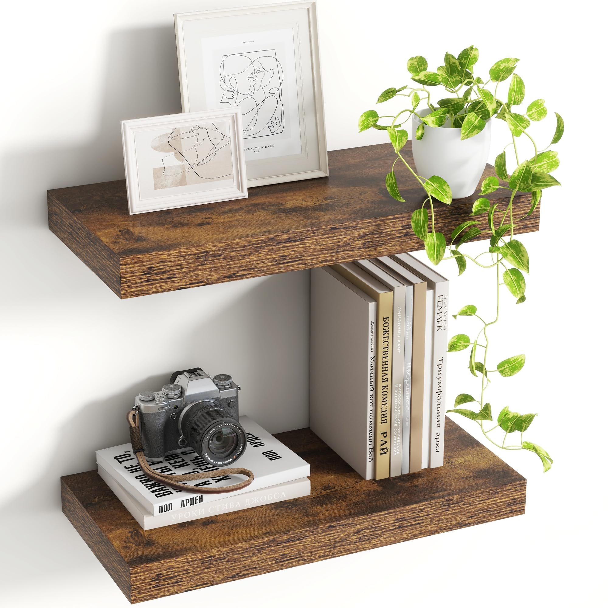 Acovy Floating Shelves for Wall, Extra Deep 40cm Long Wooden Wall Mounted Shelf, Wall Shelves for Living Room Bathroom Bedroom Kitchen, Brown, Set of 2