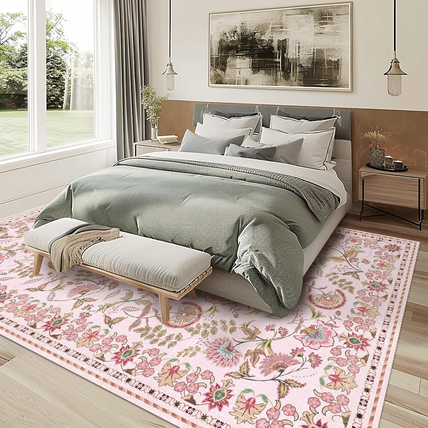 Area Rug 5'×7' Pink Washable Large Living Room Rug Flower Paisley Neutral Non-Slip Soft Bedroom Carpet Farmhouse Vintage Green Blue Dining Room Nursery Home Office Indoor Decor