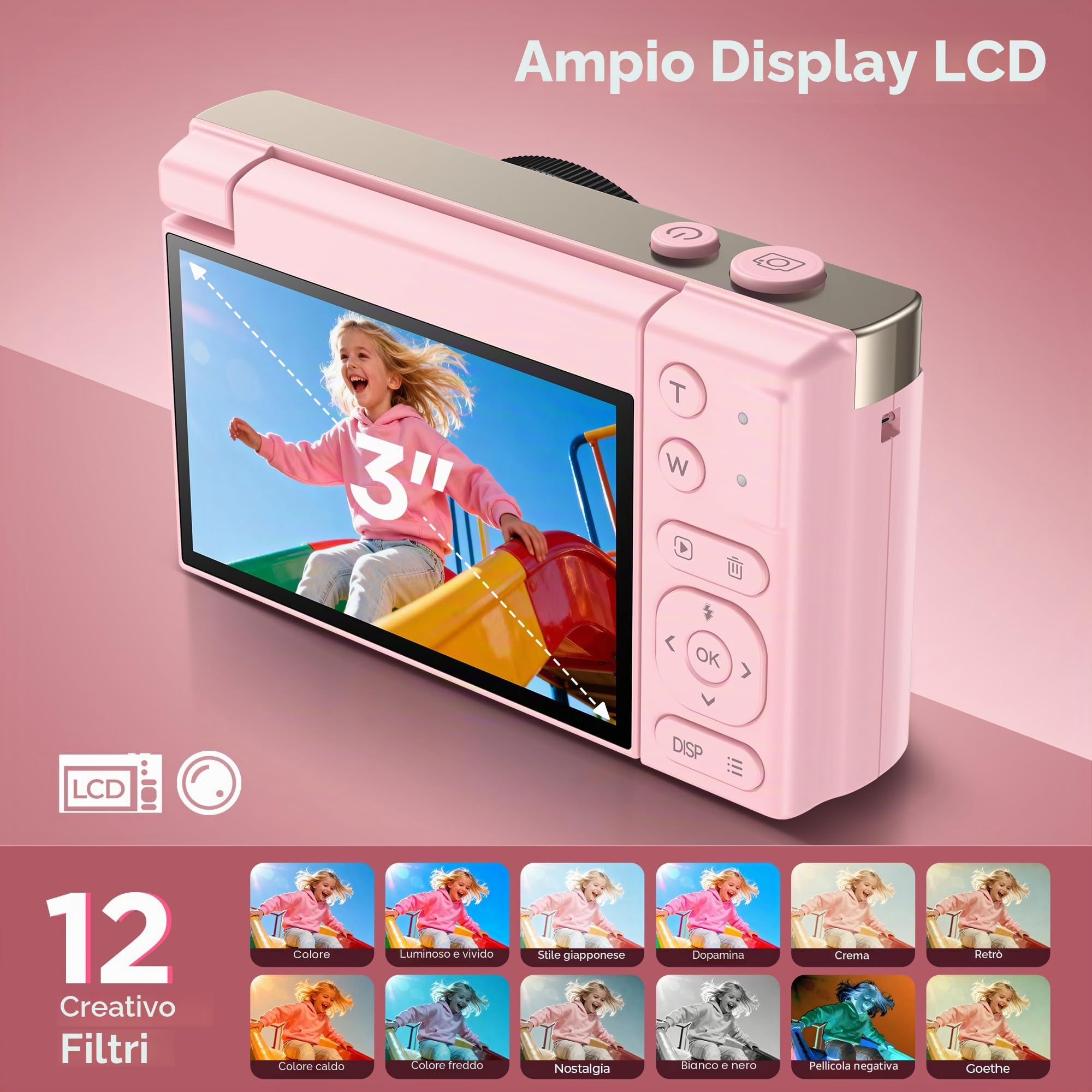 Macchina Fotografica Digitale 4K Ultra HD: 64MP Fotocamera Macchine per Principianti - Flip 180° Videocamera con Scheda di Memoria Da 32GB - Digitale Camera con Autofocus 16X Zoom Rosa