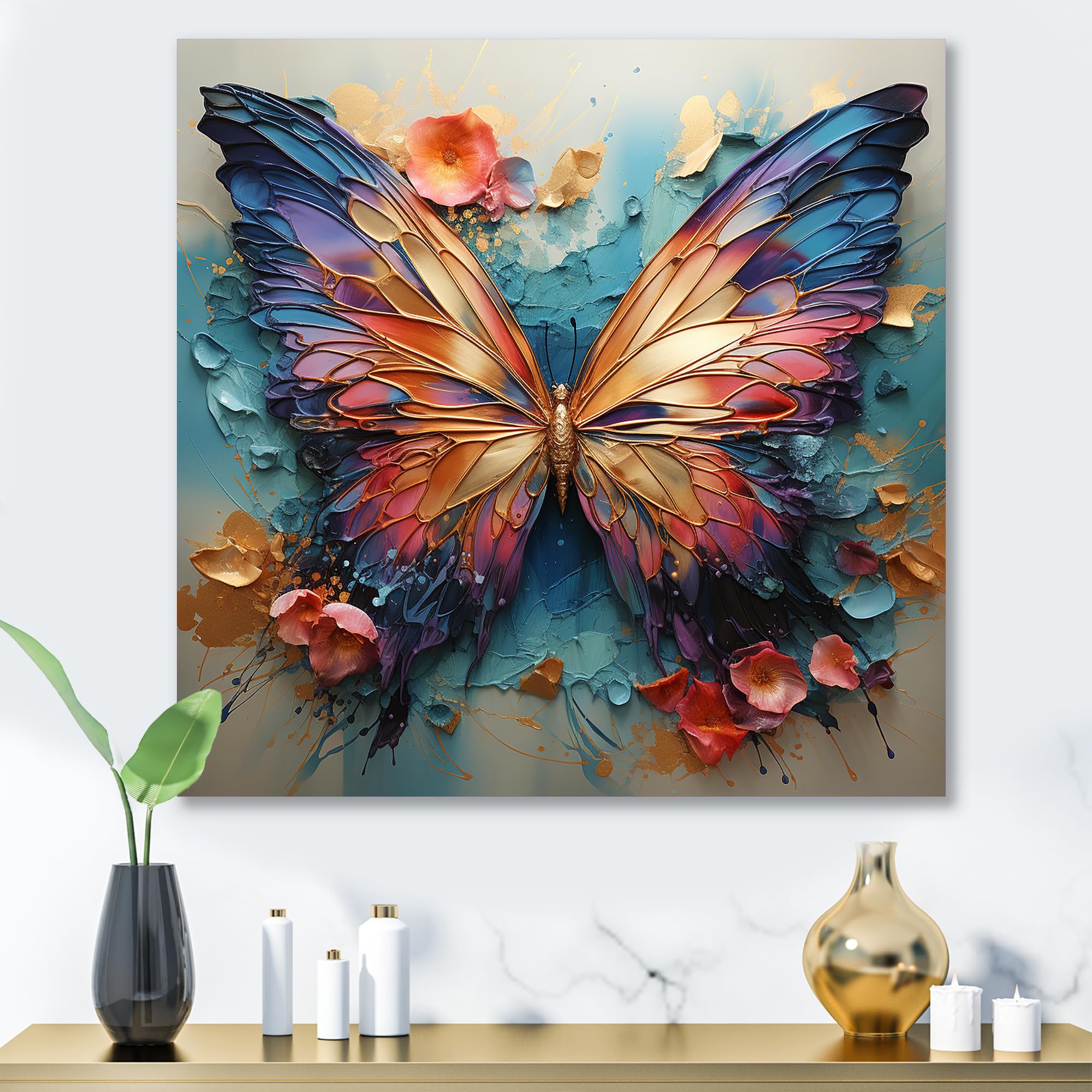 DesignQ Metallic Orange and Blue Butterfly Butterfly Metal Wall Art, Orange Metal Wall Decor, Modern Metal Art Decor For Hallway - 16x16 Inch