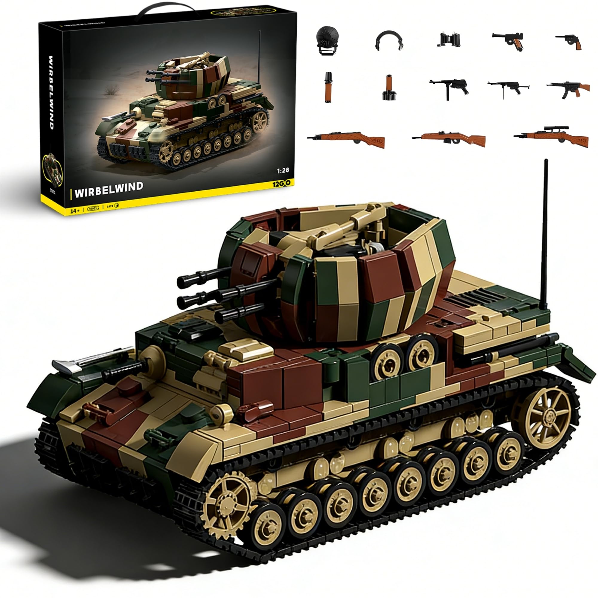 Technik WW2 - Set di mattoncini da costruzione, carro armato IV con 4 minifigure, 1:28 WW2, modello di carro armato, regalo per appassionati militari (1474 + pezzi)