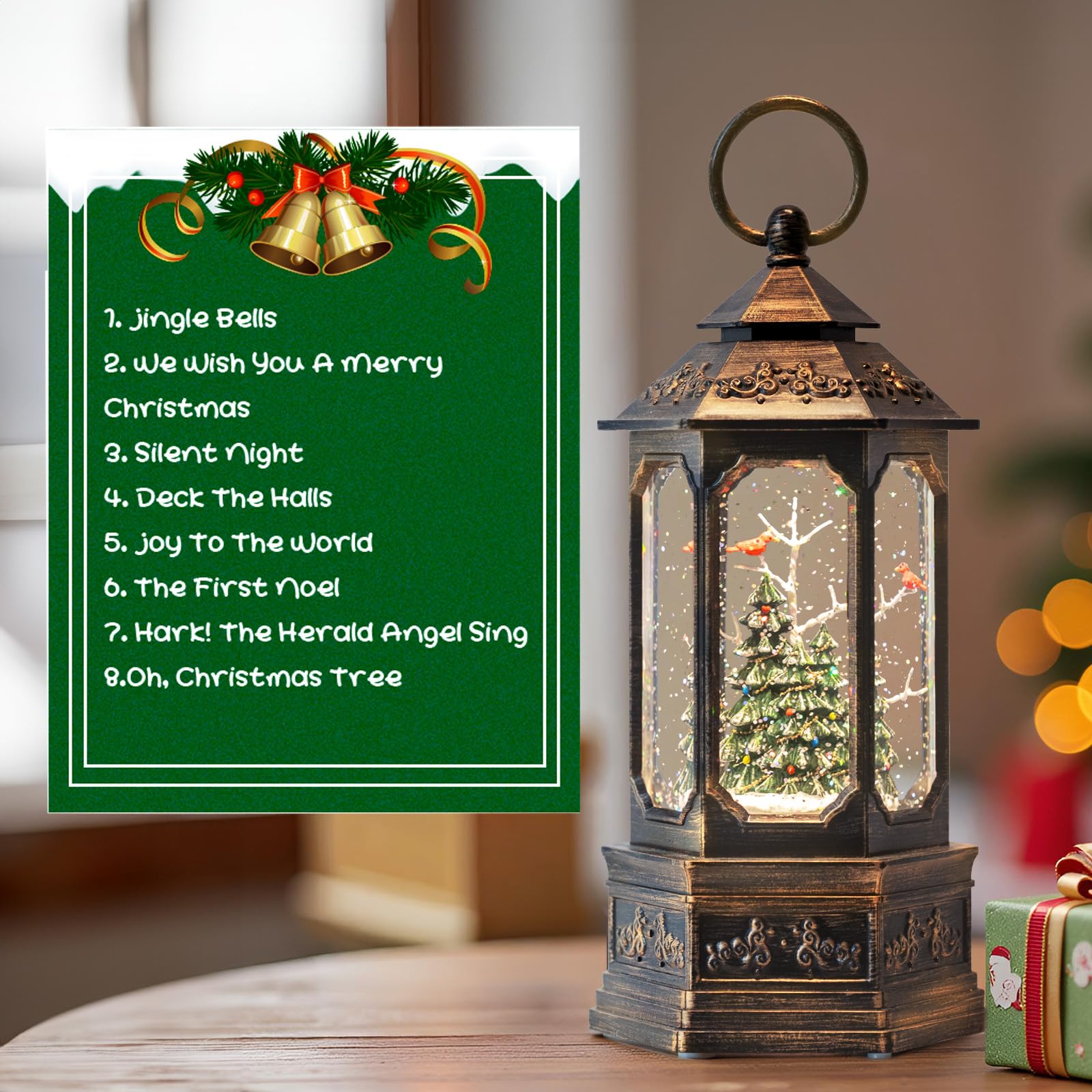 Linterna de Globo de Nieve de Navidad de 12 Pulgadas, Caja de música Hexagonal con Purpurina, Decoraciones alimentadas por USB y Pilas (cardenales en el Bosque Profundo)