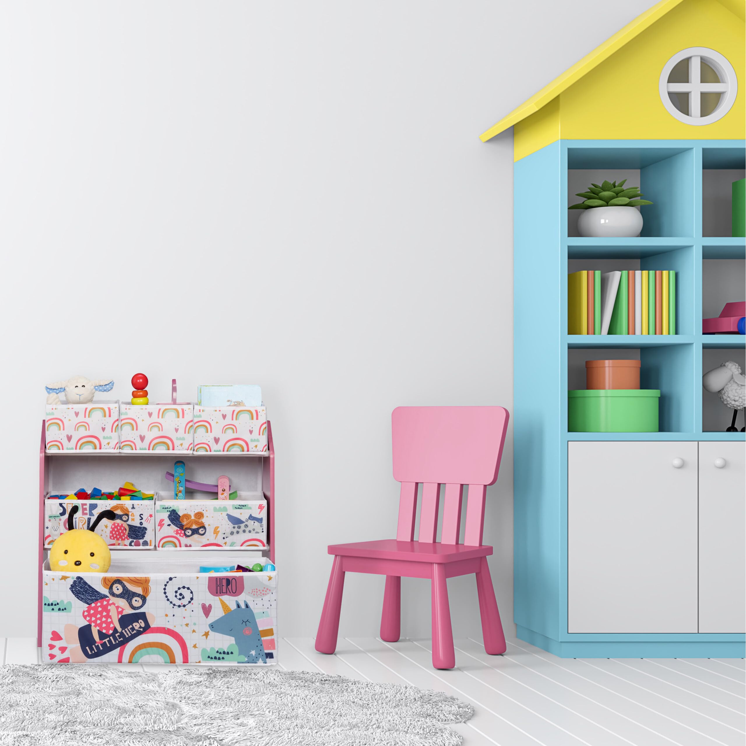 Relaxdays Estantería Infantil con 6 Cajas, 66x63x30 cm, Organizador Juguetes Superheroína, Mueble Juguetero, Multicolor