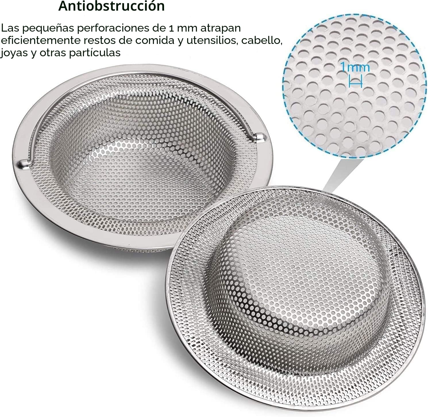 2 Piezas Colador Fregadero, Tamiz del Fregadero de Cocina del Acero Inoxidable, Filtro de Drenaje de Fregaderos con Asa para Evitar Obstrucciones, 11 cm x 2 cm