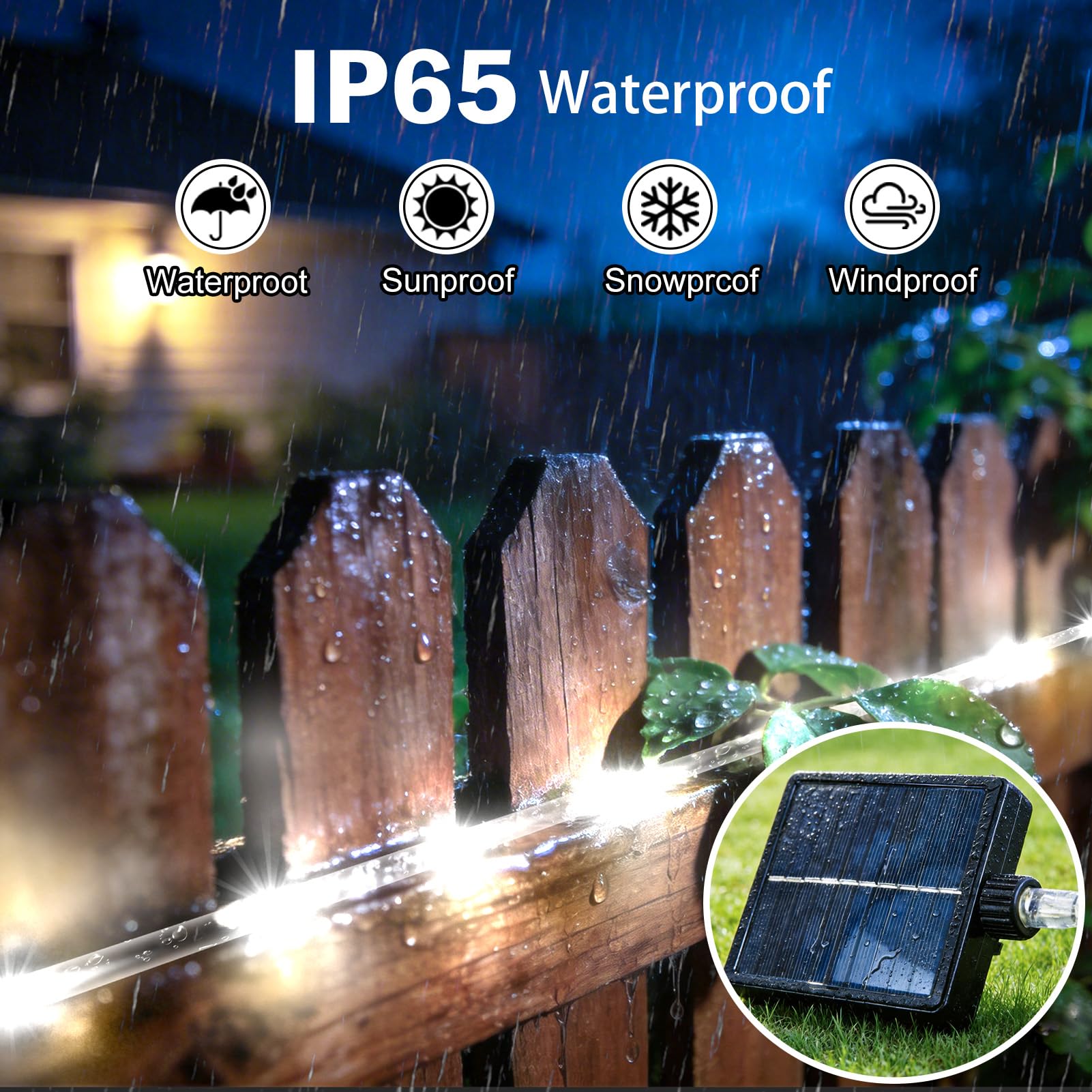 KNONEW Tira de luces solares para exteriores, 300 LED, 50 pies, impermeable, con modos, tubo delgado transparente para piscina, árbol, patio, jardín, valla, camping, terraza, cama elástica (blanco