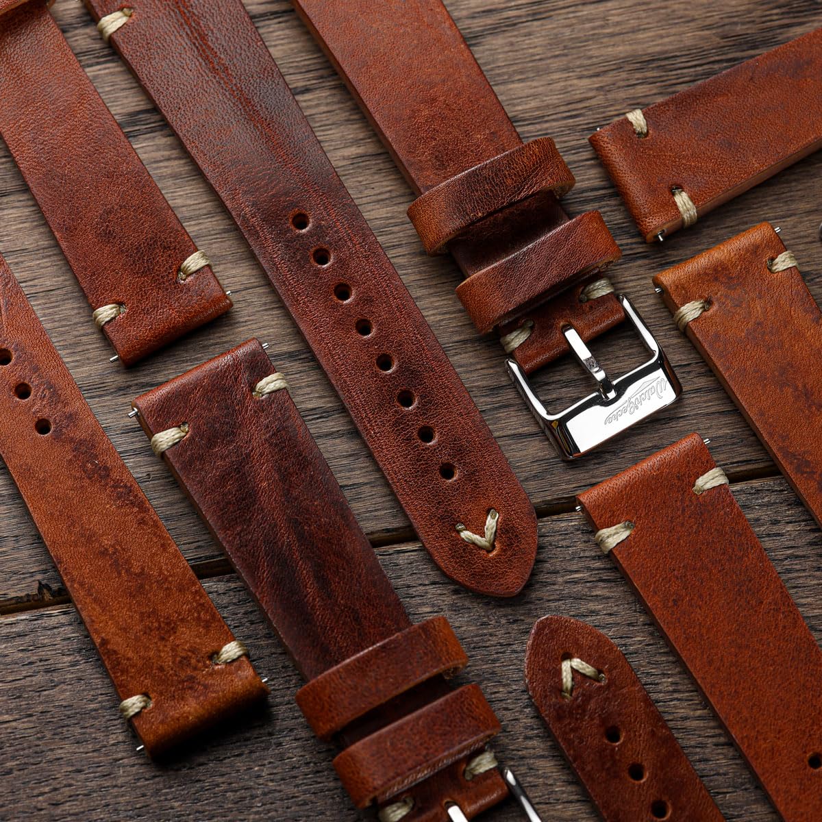 WatchGecko Einfaches, handgefertigtes Lederarmband | Zertifiziertes Ersatzarmband aus echtem italienischem Leder, Vintage-Stil, doppelte Naht, einfach anzubringen