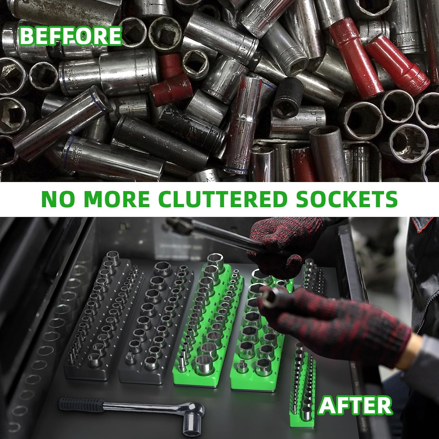 Magnetic Socket Organizer Holder Set For Tool Box Drawer, Toolbox Organization Including 1/4", 3/8" and 1/2" Drive Metric SAE Socket Trays (Sockets are not Included)