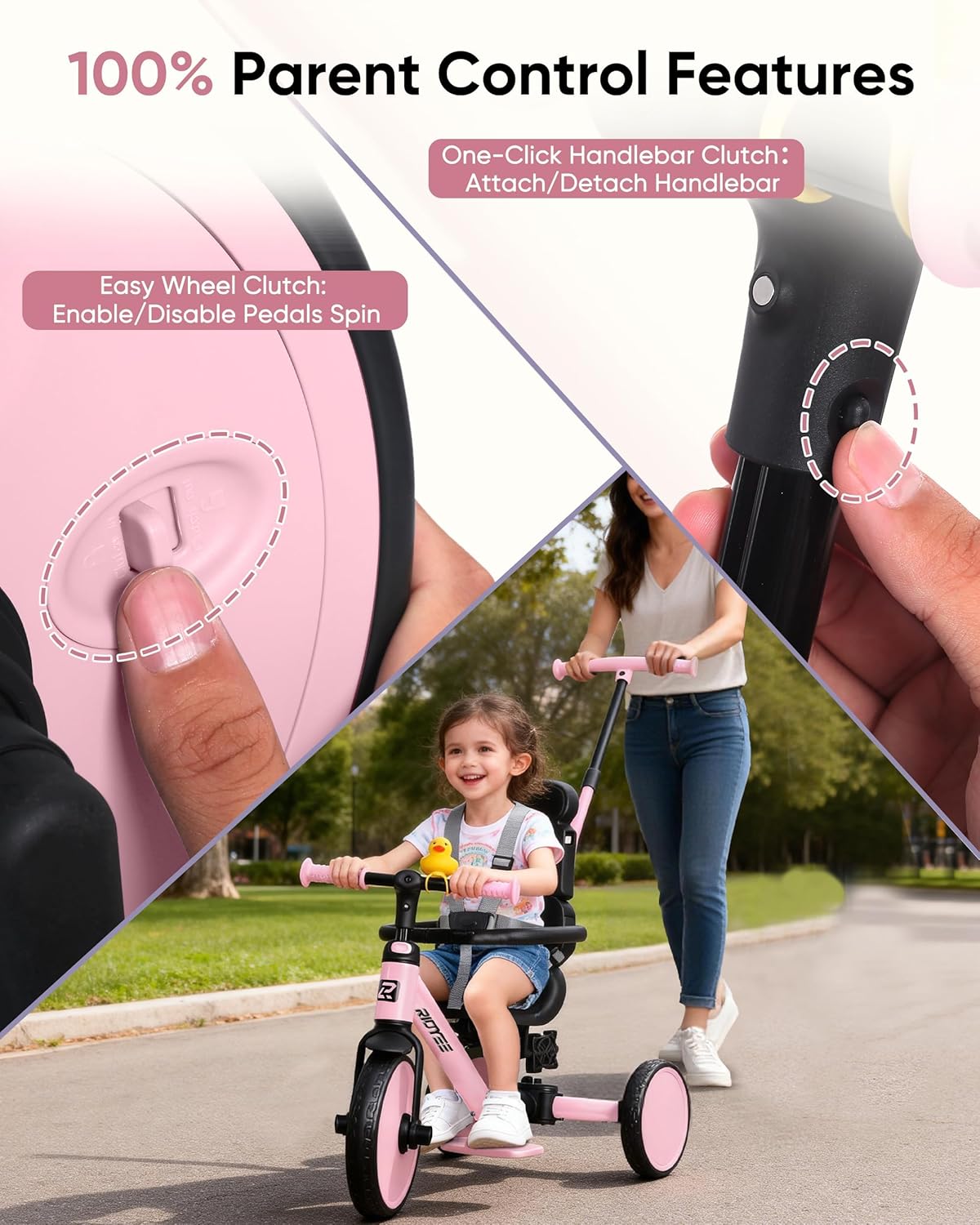 RIDYEE 8-in-1 Tricycle for 1.5-5 Years, Tool-Free Switch, Toddler Tricycle with Parent Steering Control Handle for 1.5 to 5 Yrs, Toddler Trike 1.5-3 Years with 5-Point Harness and Large Canopy, Pink