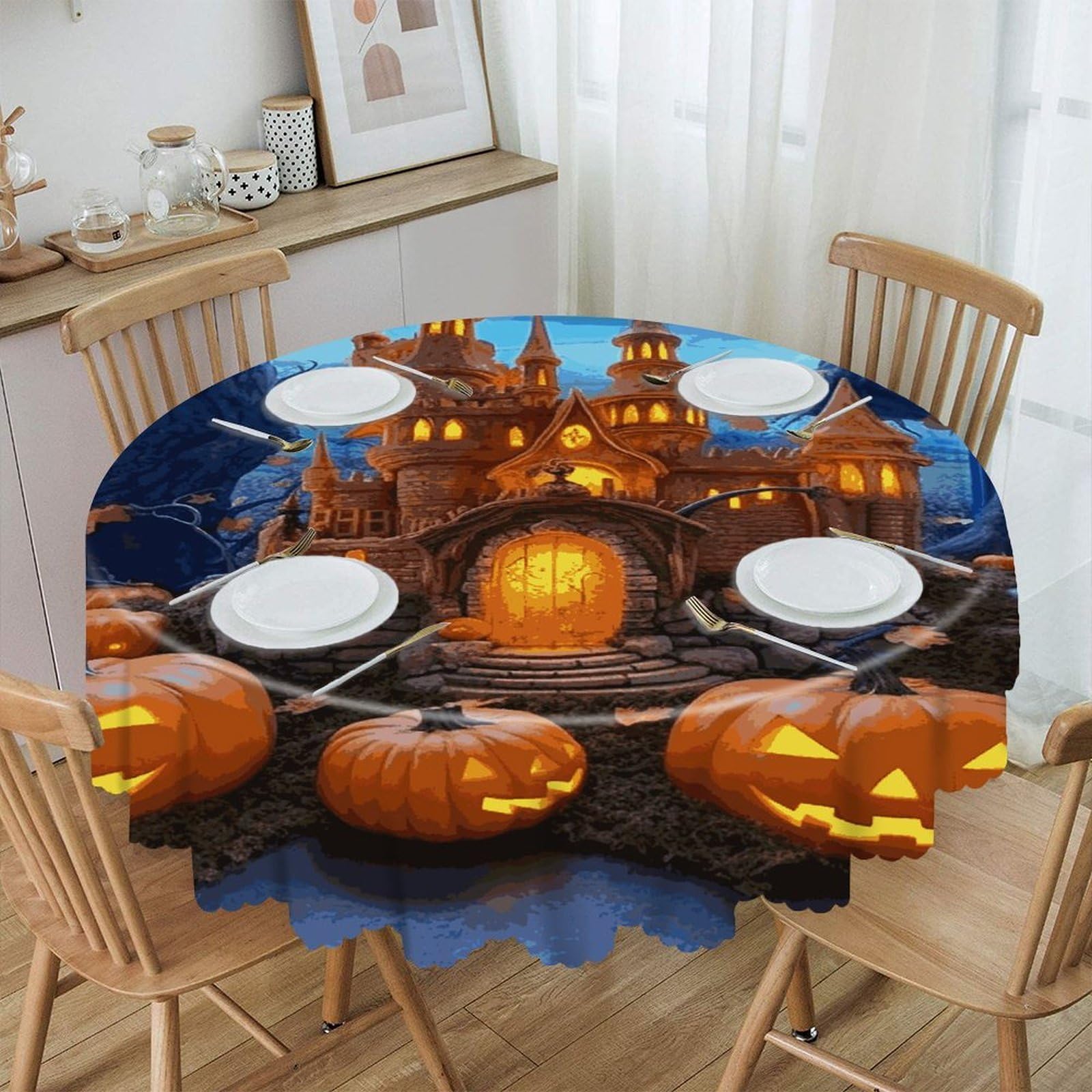 Btcowzrv Style Halloween Castle Pumpkin Polyester Round Tablecloth 59.84 Inch, Decorative Washable Table Cover, Table Cloth For Restaurant Picnic Indoor And Outdoor Dining