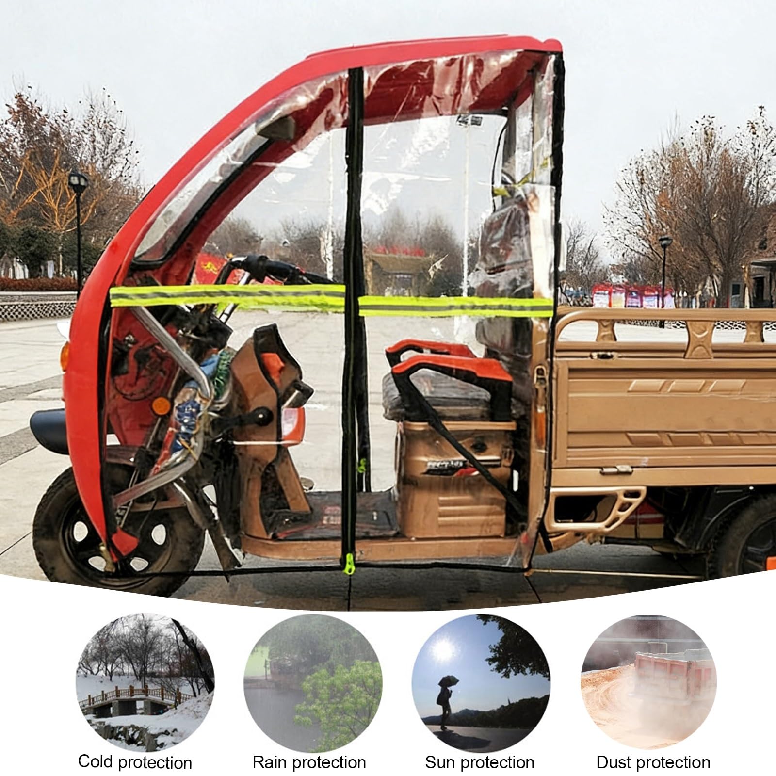 Elektryczny pokrowiec na trójkołowy, wodoodporny pokrowiec na trójkołowy outdoor, łatwe do wsiadania i wychodzenia, z paskami ostrzegawczymi (110 cm/43,3 cala)