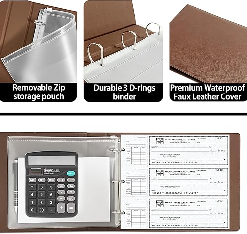 Miniatura 4 de Carpeta de cuadros de 3 anillos para cheques de escritorio con trozos finales, 3 en una página, se ajusta a 3 y 9 agujeros de piel sintética (11 14