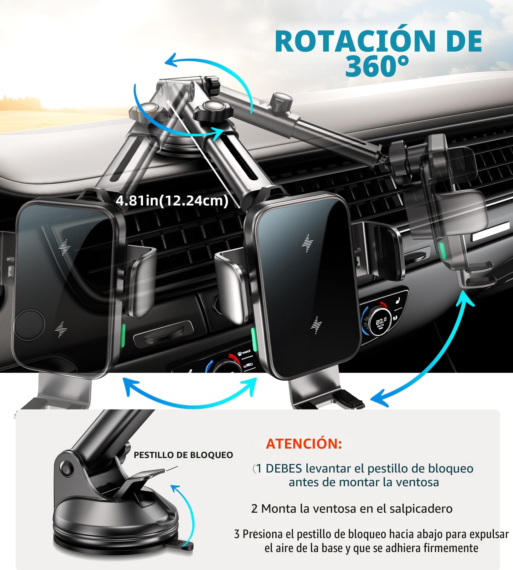 Cargador Inalámbrico Coche de 15W [Doble Bobinas], [Sujeción Automática] 360° Rotación Soporte Movil Cargador, Carga Rápida Coche para iPhone 16/15/14/13/12/11, Samsung S25/24/23/S22