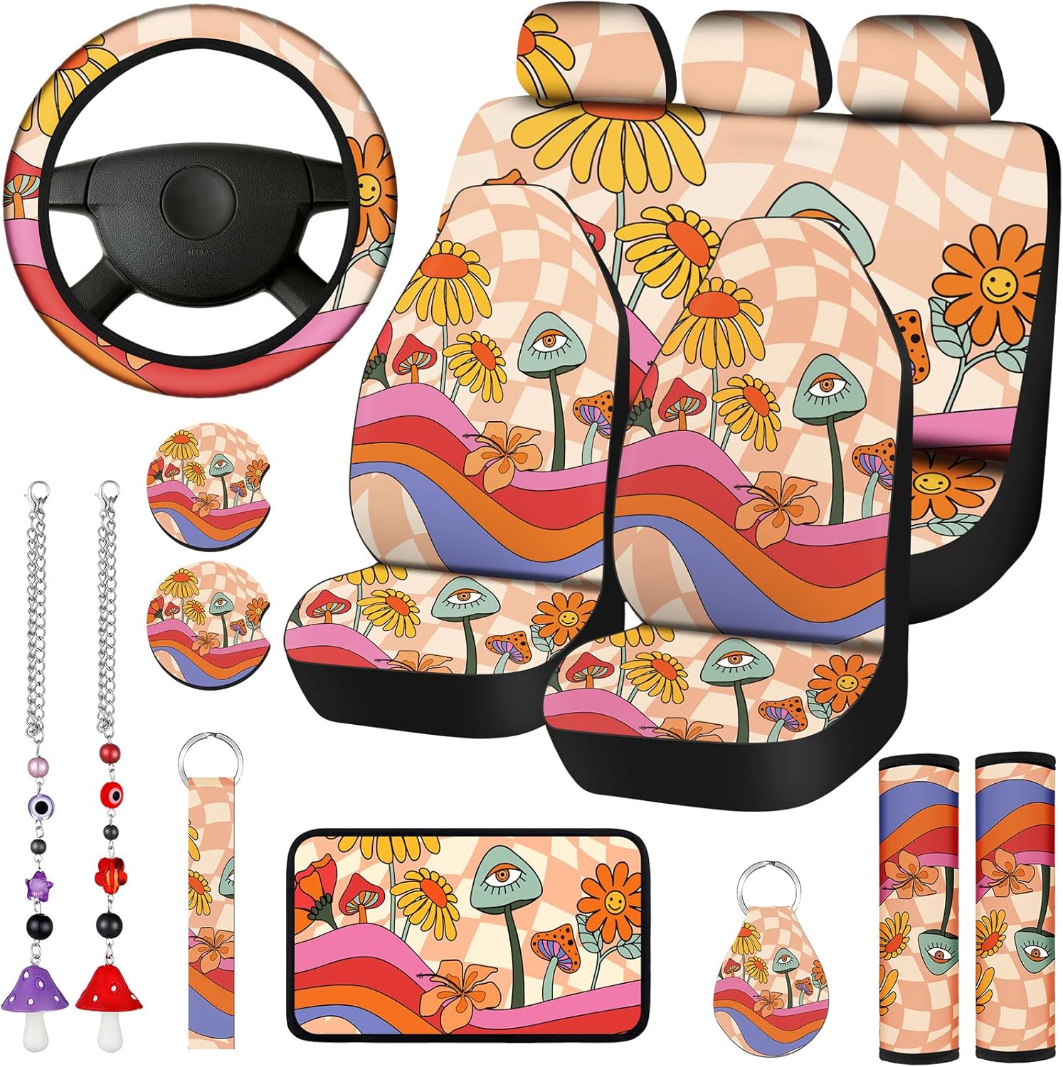 Nuenen 17 Pcs Boho Mushroom Car Seat Covers Set Car Accessories Mushroom Car Rear