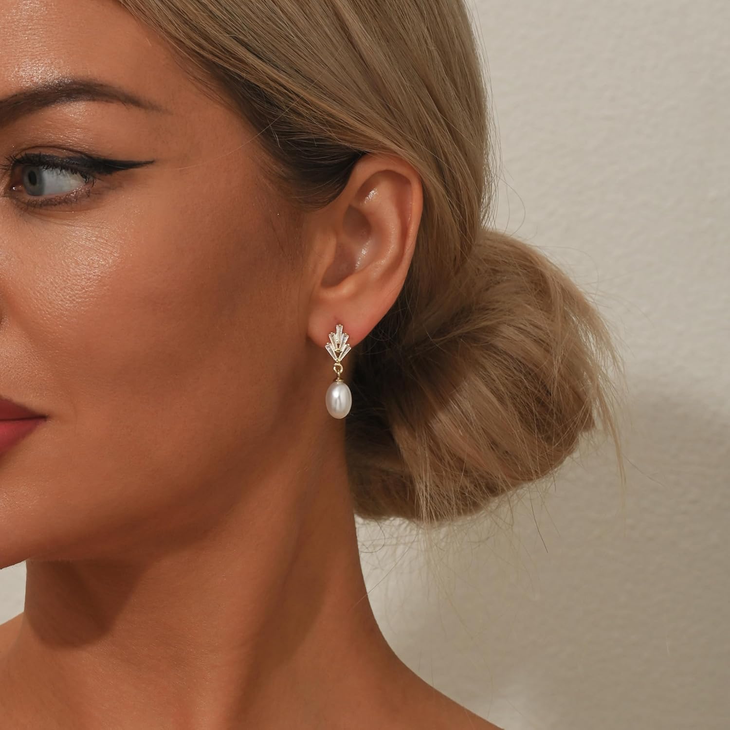 STONEFANS Pearl Earrings for Women - 14K Gold Plated Leaf Flower Bar CZ Pearl Drop Dangle Dainty Gold Earrings for Women Trendy Wedding Jewelry Bridesmaids Gifts - Image 2