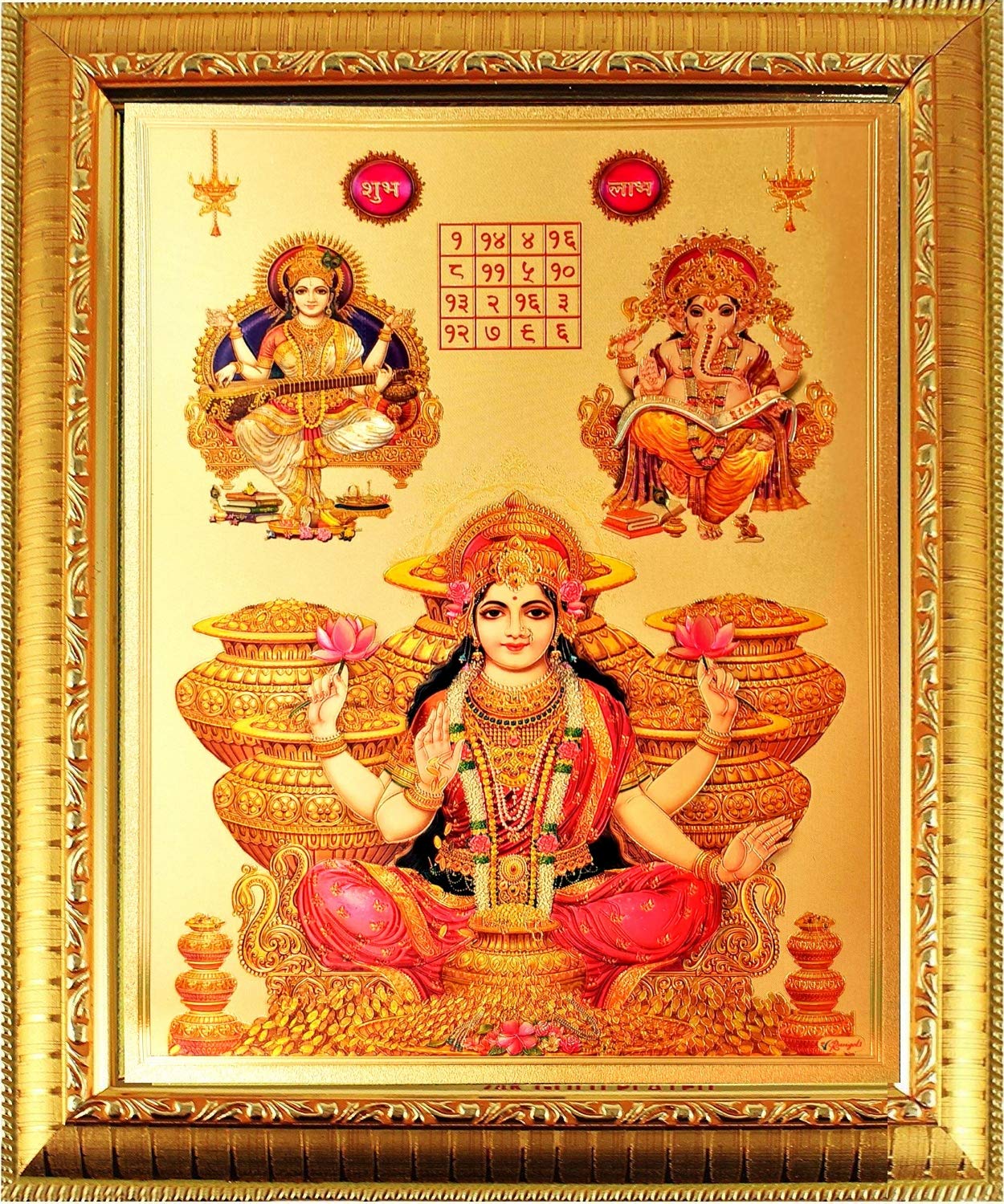 Suninow laxmi Ganesh Saraswati with Yantra God Photo for Pooja Hindu Bhagwan Devi Devta