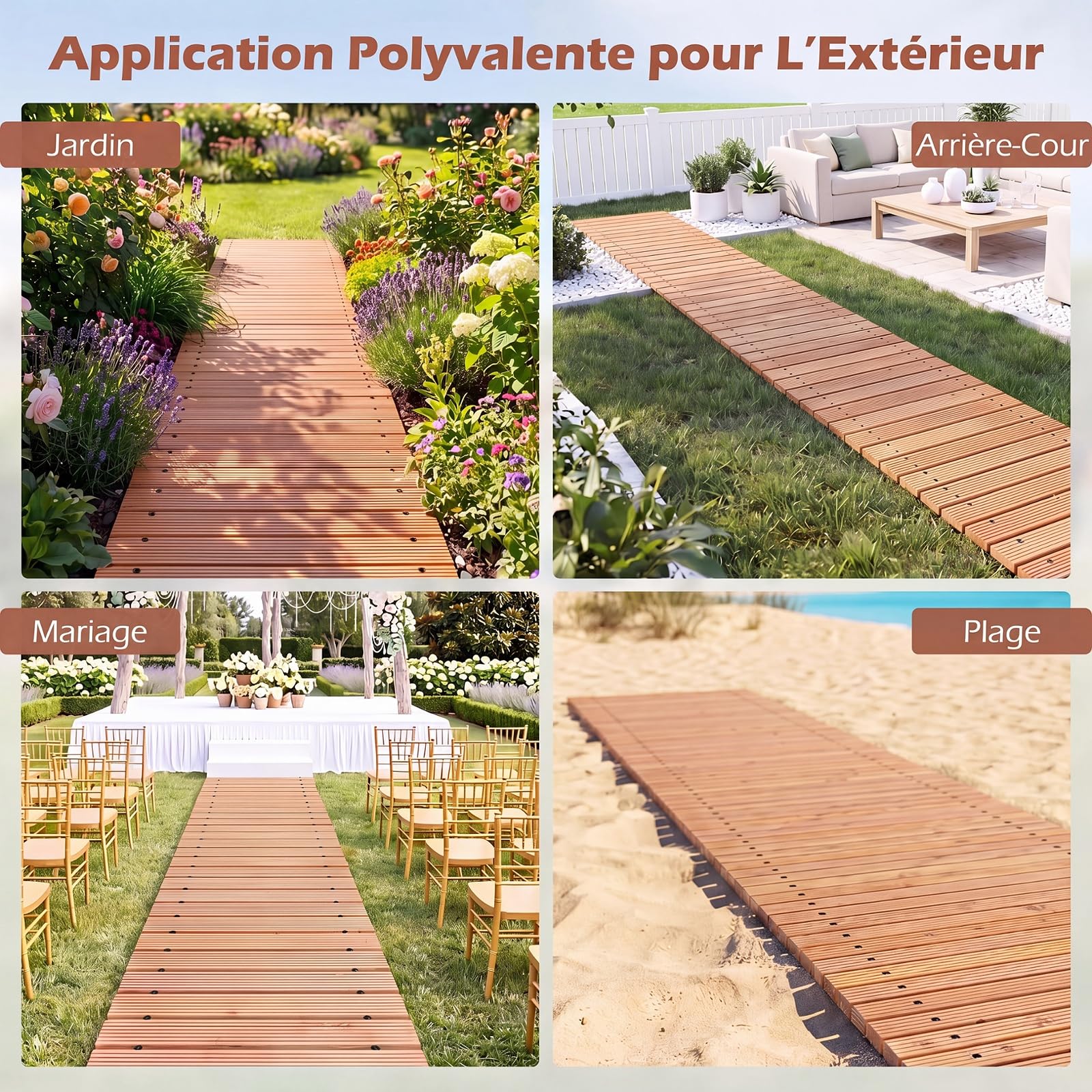 GYMAX Allée de Jardin en Bois 367 cm, Chemin Enroulable Déroulable Extérieure Résistante aux Intempéries, Instantané Pliable, pour Jardin, Terrasse, Cour, Plage, Fête de Mariage (Naturel)