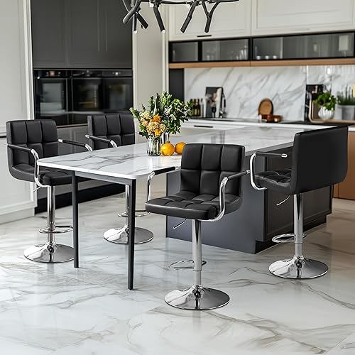 Vista 2 de Yaheetech - 4 taburetes de bar ajustables, taburetes de bar, taburetes de altura de mostrador, sillas de comedor giratorias hidráulicas de piel Negro