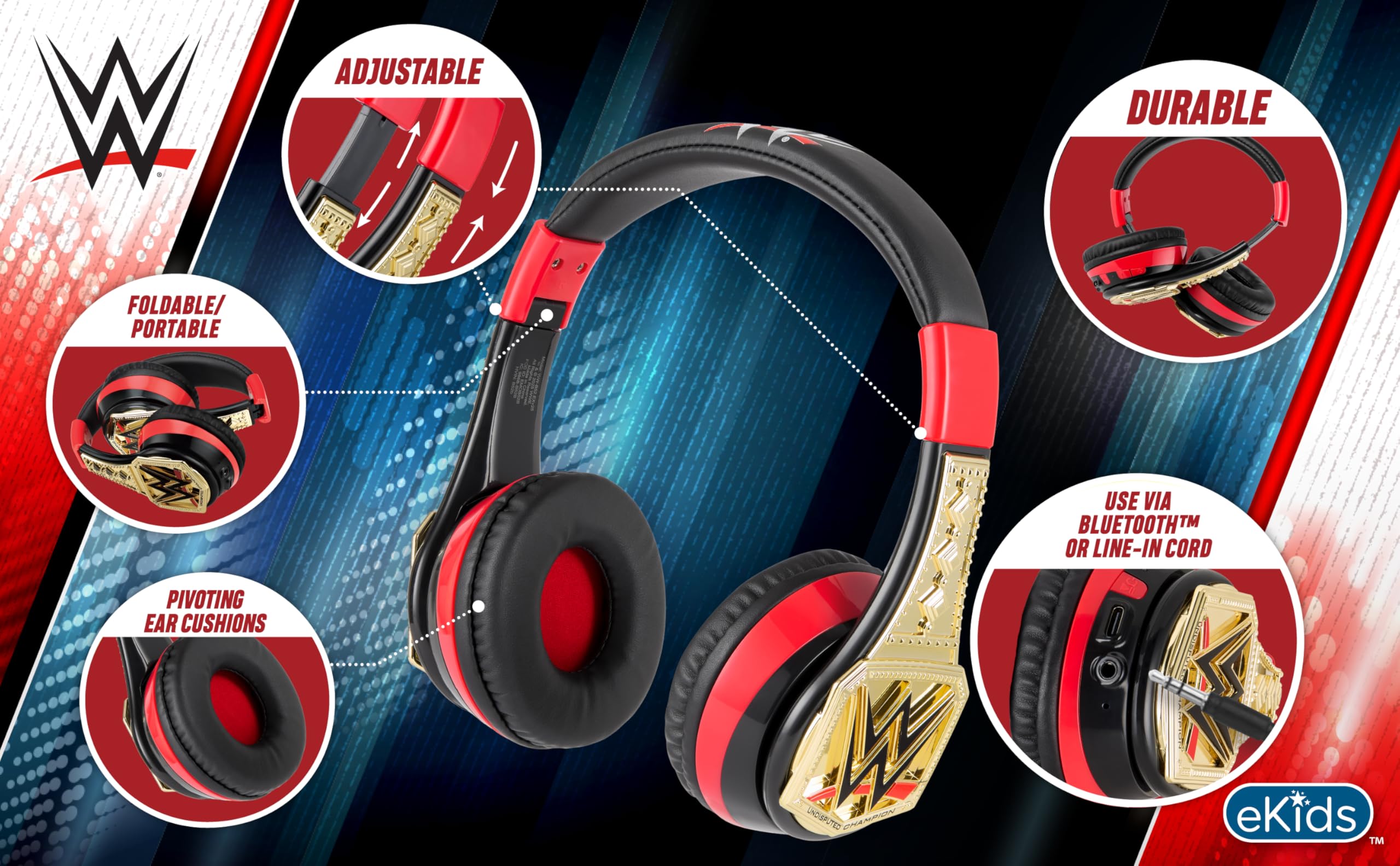 eKids WWE - Auriculares Bluetooth inalámbricos con micrófono, incluye cable auxiliar, auriculares para niños para escuela, hogar o viajes