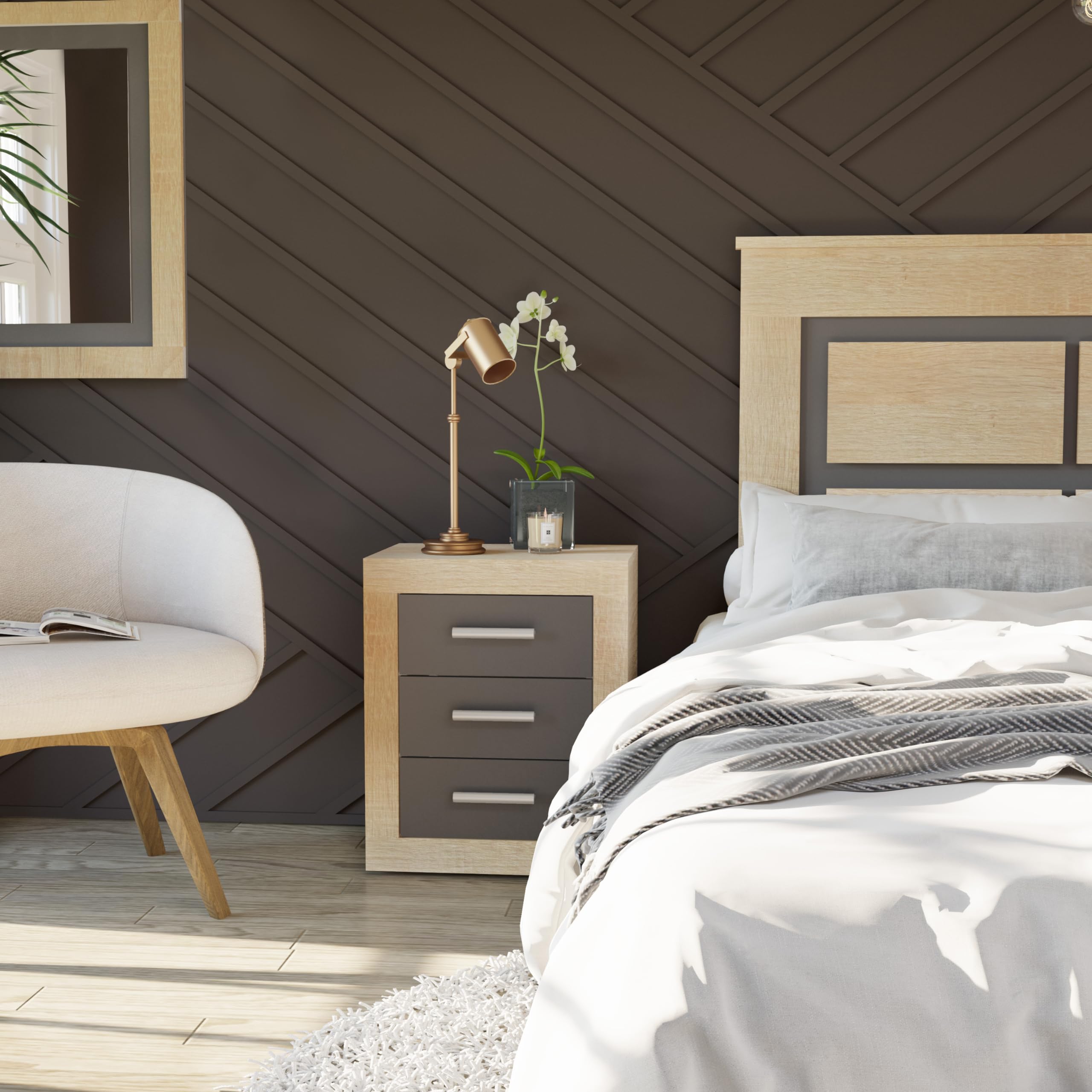 duehome | Conjunto de Dormitorio Kira 4c - Cabecero + 2 Mesitas de Noche + Comoda y Espejo, Acabado en Cambria y Grafito