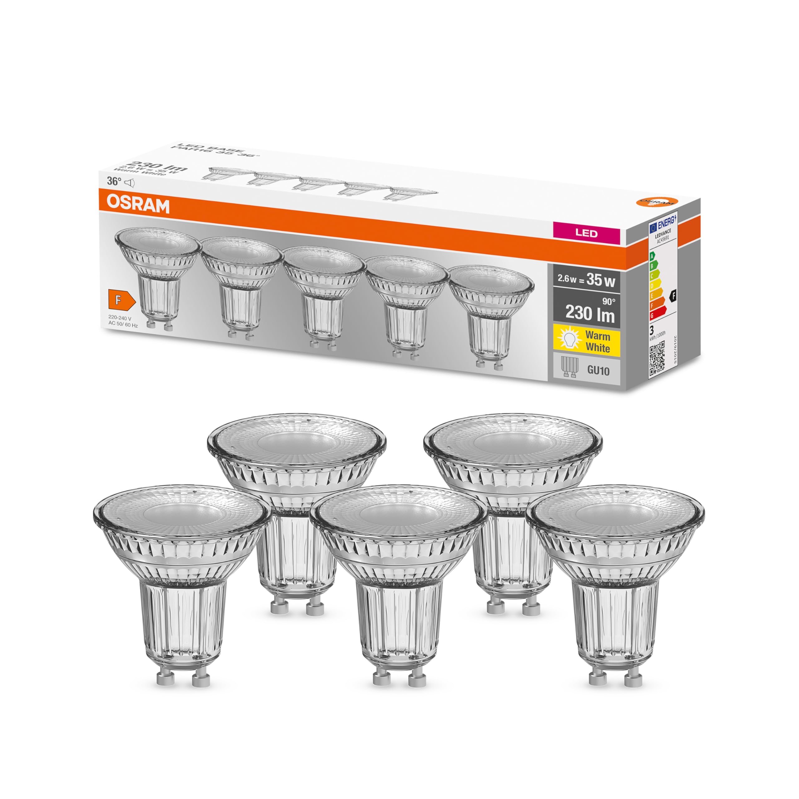Osram LED Base PAR16, Sockel: GU10, Nicht Dimmbar, Warmweiß, Ersetzt eine herkömmliche 35 Watt Lampe, 36 Grad Abstrahlwinkel, 5-er Pack