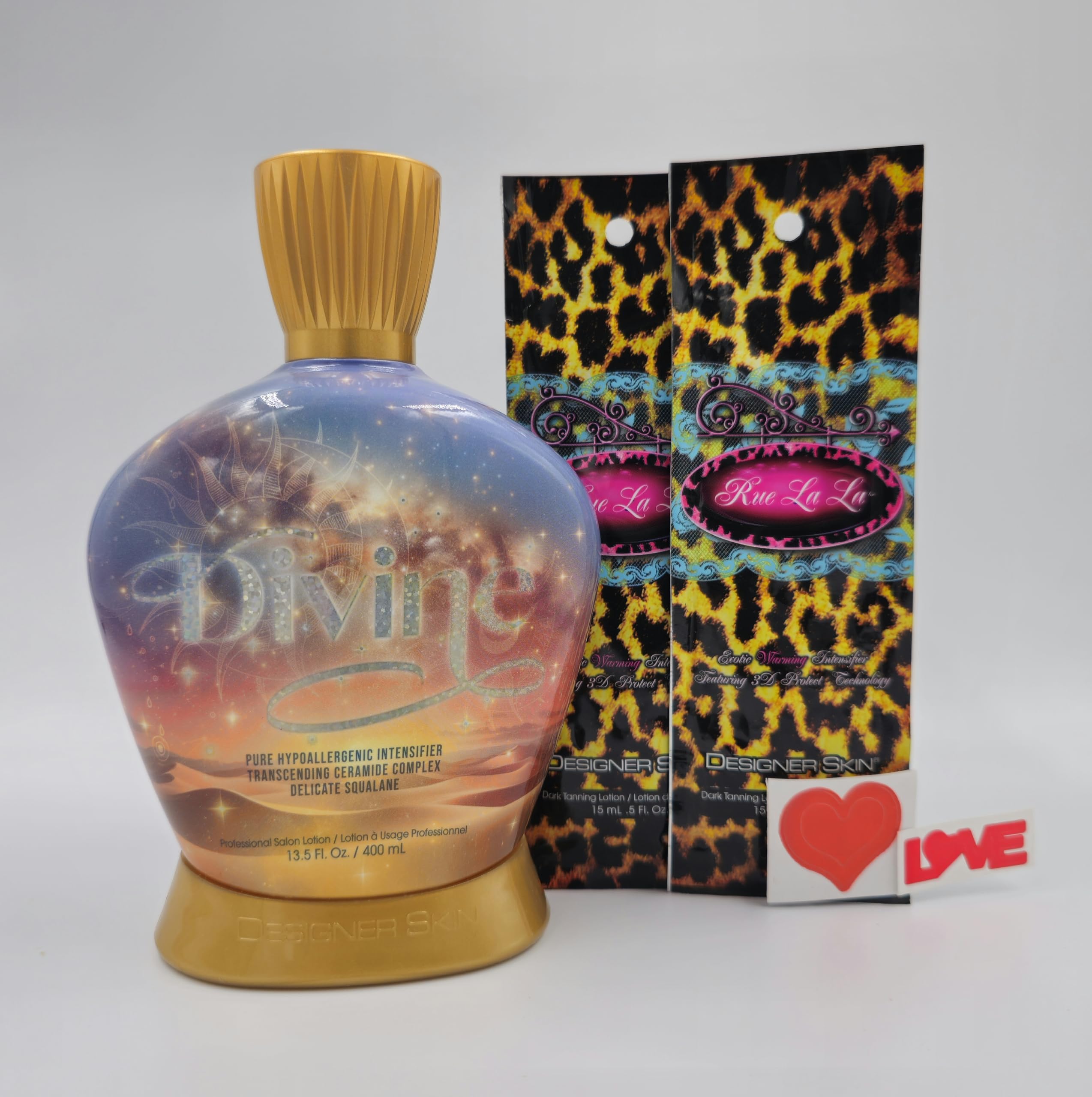 Designer Skin Divine Pure Hypoallergenic Intensifier Tanning Lotion 13.5 fl oz with 2 Packets of Rue La La and Body Stickers