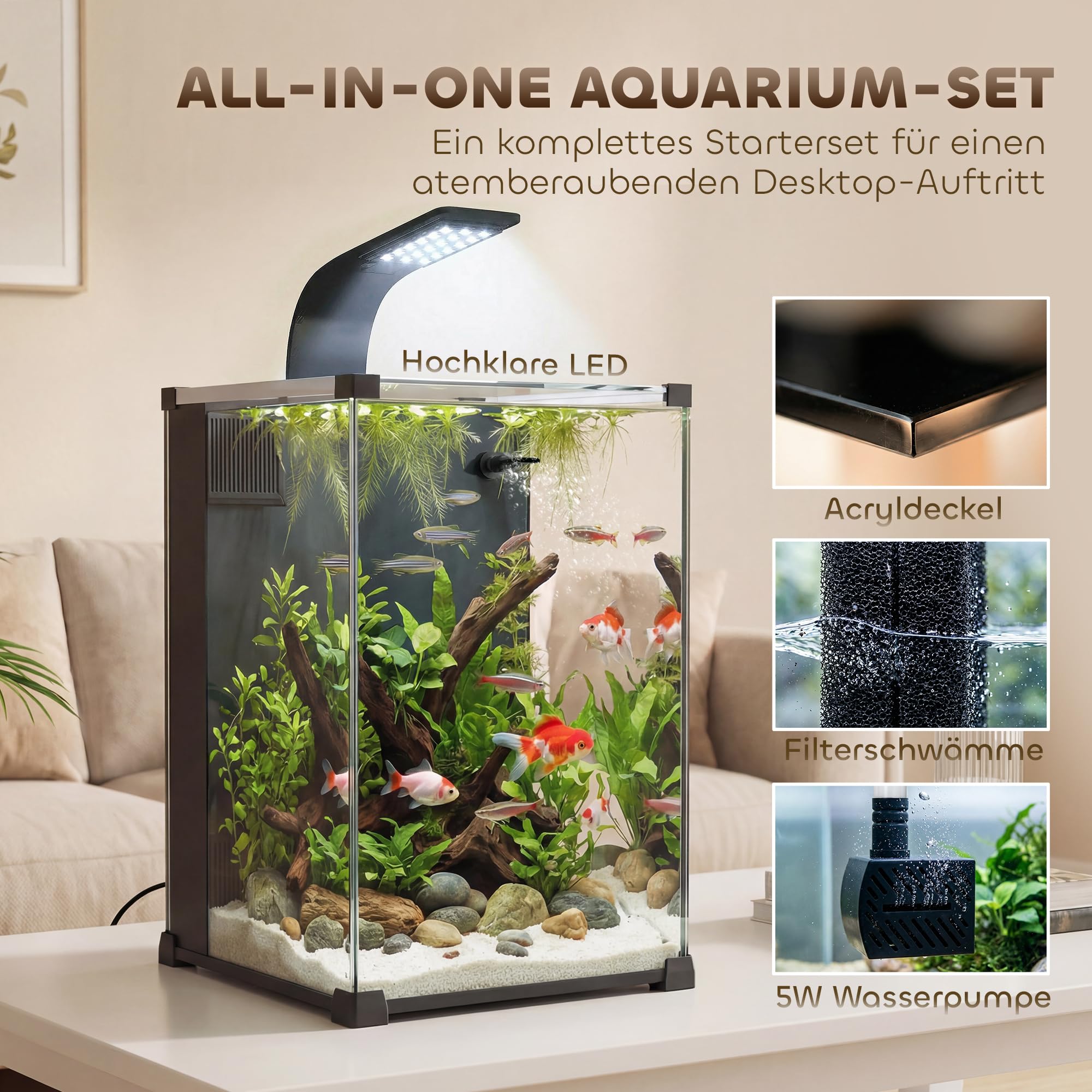 PawHut Aquarium Komplettset 36L Nano Aquarium mit LED-Beleuchtung Filtersystem Fischtank mit Pumpe Zirkulation Einsteigerbecken für Fische & Pflanzen 30 x 30 x 45,5 cm Schwarz