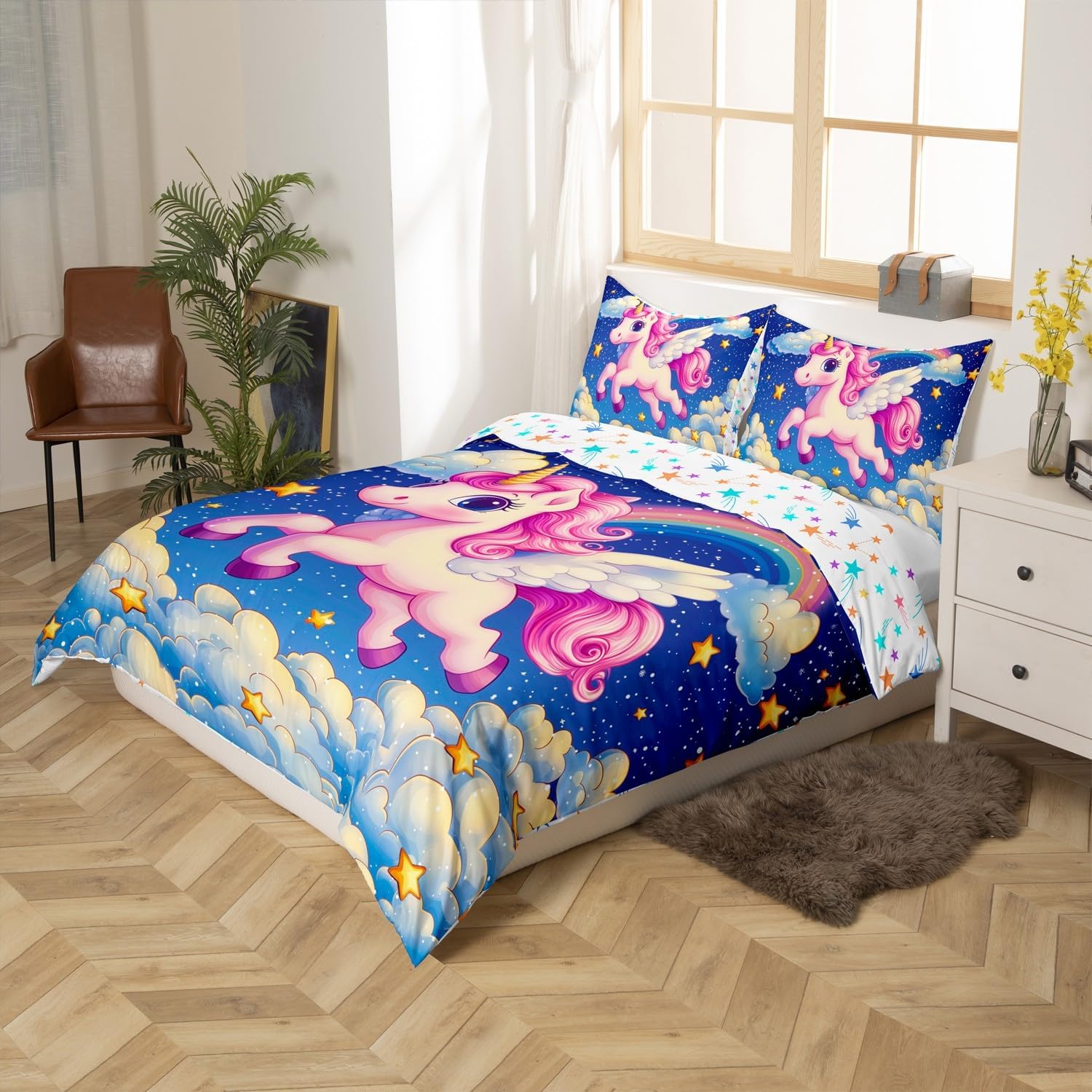 Lovely Unicorn Duvet Cover Set Toddler Size,Kawaii Western Unicorn Animal Reversible Quilt Cover for Kids Boys Girls Blue Galaxy Rainbow Stars Cloud Bedding Set with 1 Pillowcase,No Comforter