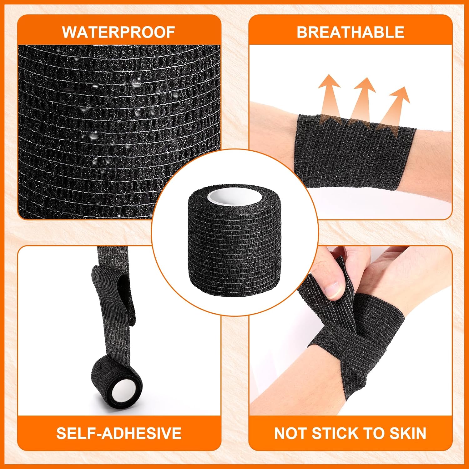 64 Pcs Self Adhesive Bandage Wrap, Black Athletic Tape, 2 Inch x 5 Yard Elastic Self-Adherent Tape, Breathable Sports Wrap, Stretch Cohesive Bandage Wraps for Wrist Ankle Pet - Image 4