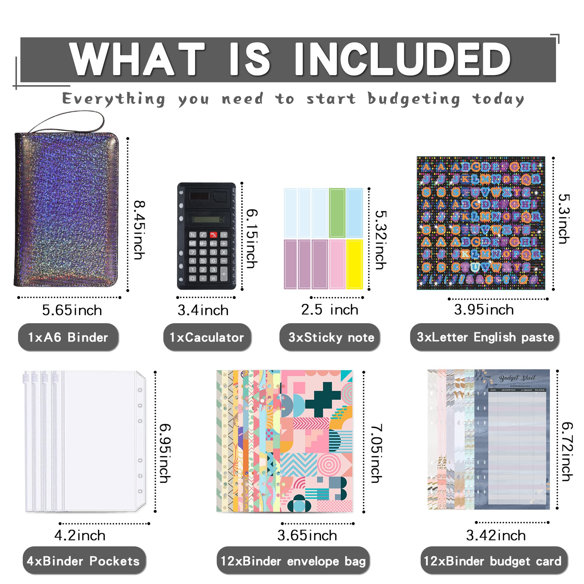 Classeur de budget A6 avec fermeture à glissière, organiseur d'argent, 4 pochettes PVC, enveloppes 12 couleurs, mini-calculatrice (Bleu)