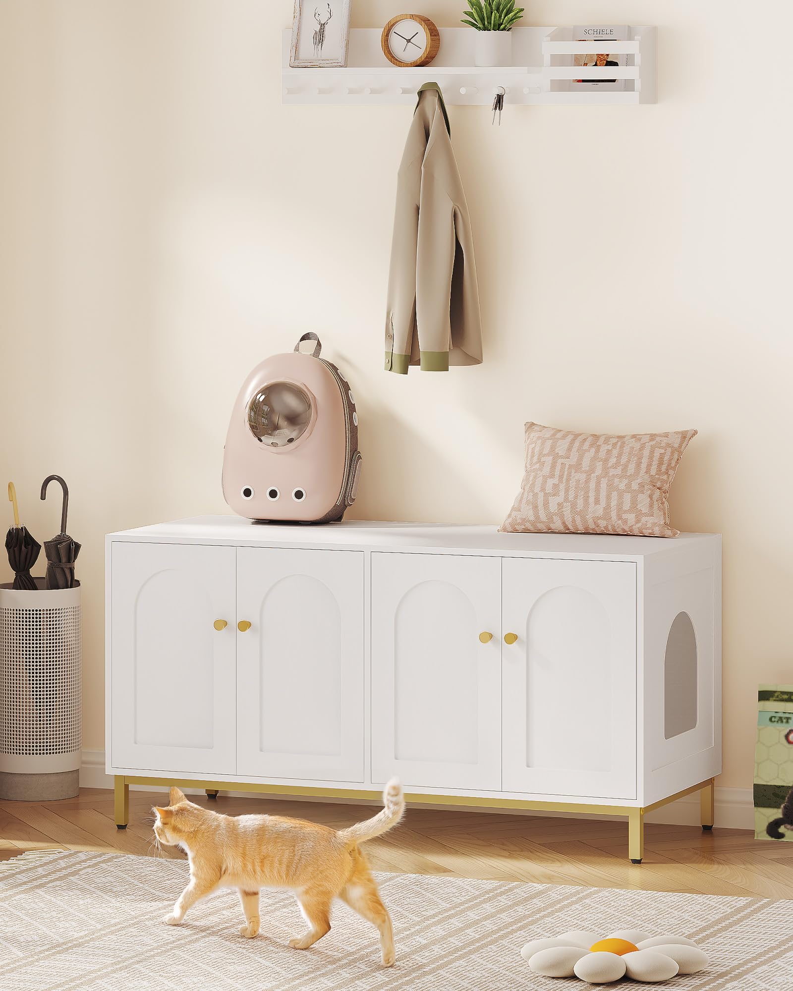 Hzuaneri Recinto per Lettiera per 2 Gatti, Mobile per Lettiera Nascosta da 119cm, Casetta in Legno per Animali Domestici, Panca per Armadietto, Adatto Alla Maggior Parte Delle, Bianco e Oro CB82313A