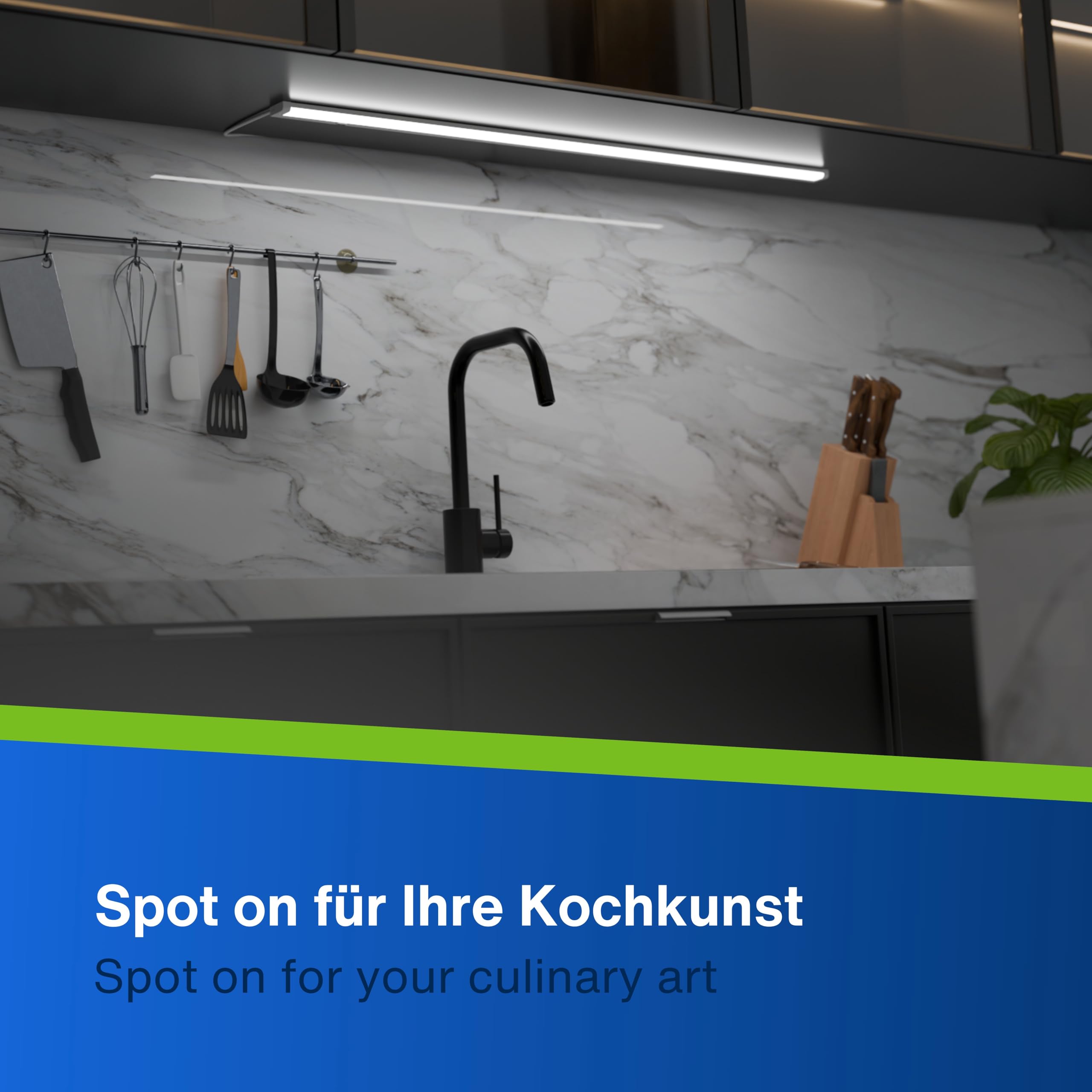 REV Illuminazione per armadio da cucina a LED, 90 cm, 8 W, 620 lumen, 3000 K, illuminazione da cucina piatta con sensore, montaggio facile, bianco