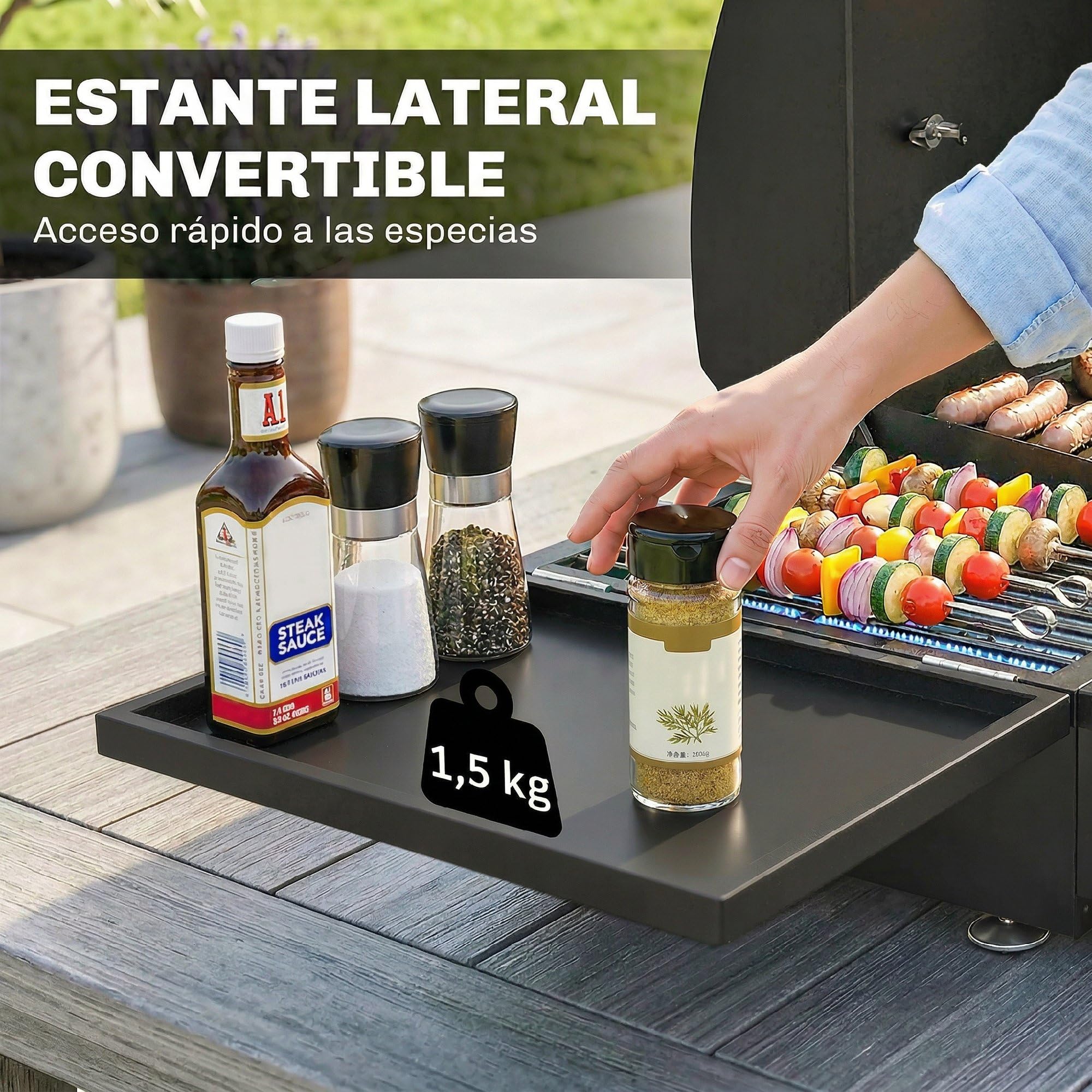 Outsunny Barbacoa de Gas BBQ Gas con 3 Quemadores 7,5 kW, Barbacoa de Mesa Portátil con Parrilla, Plancha, Estante Lateral Convertible, Termómetro, Tapa, Caja de Goteo, Patas Ajustables, Negro