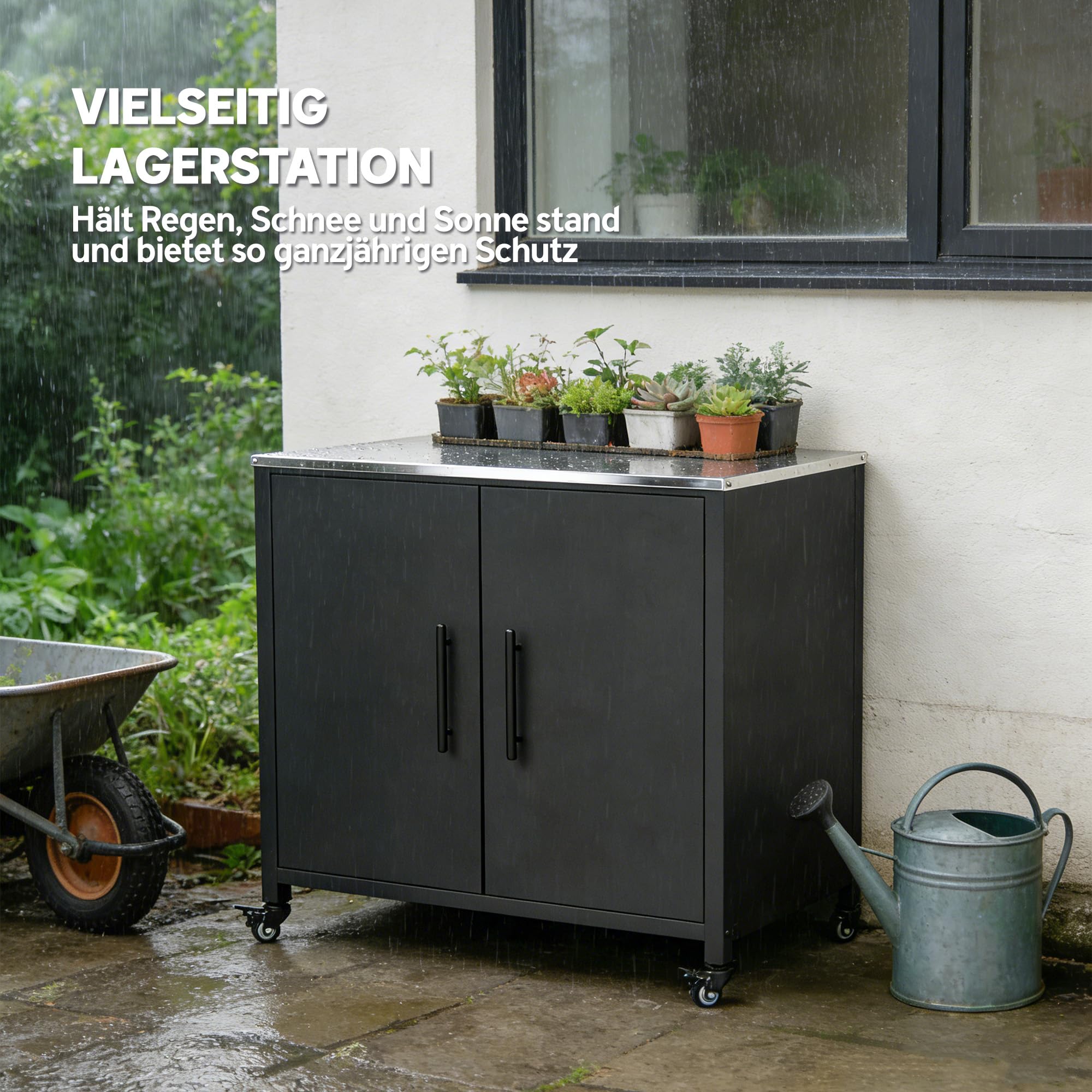 Outsunny Gartenschrank mit Pflanztisch abnehmbar Regal 80x50x90cm | Geräteschrank, Edelstahl Geräteschuppen, Arbeitsplatte, Magnetisch, Doppeltür, Rolle, Werkzeugschrank, Gartenschuppen